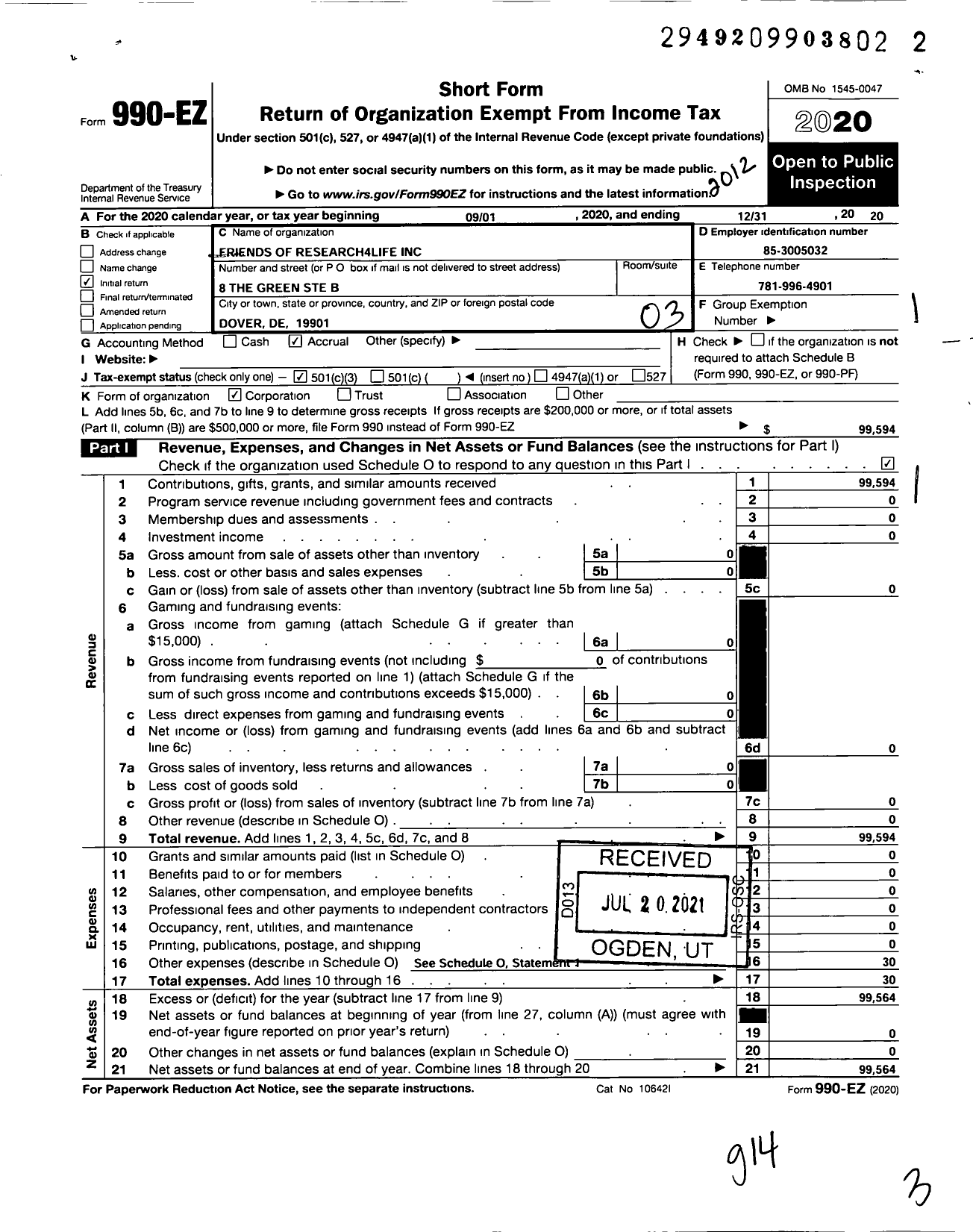 Image of first page of 2020 Form 990EZ for Friends of Research4life