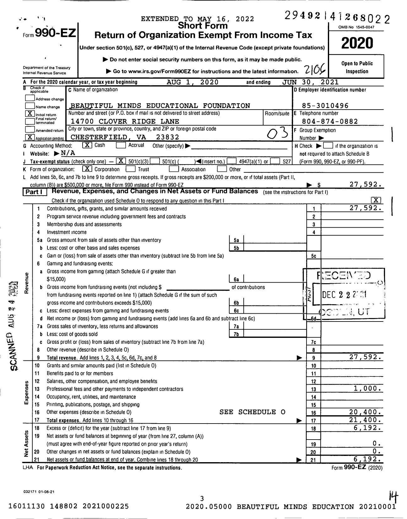 Image of first page of 2020 Form 990EZ for Beautiful Minds Educational Foundation