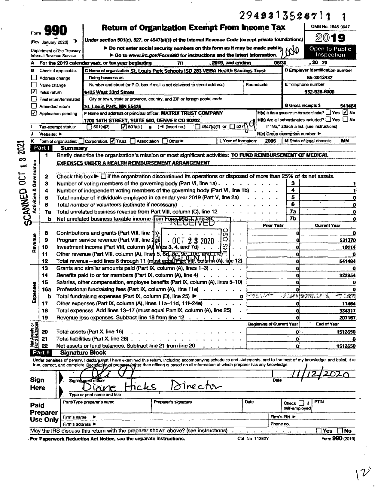 Image of first page of 2019 Form 990O for St Louis Park Schools Isd 283 Veba Health Savings Trust