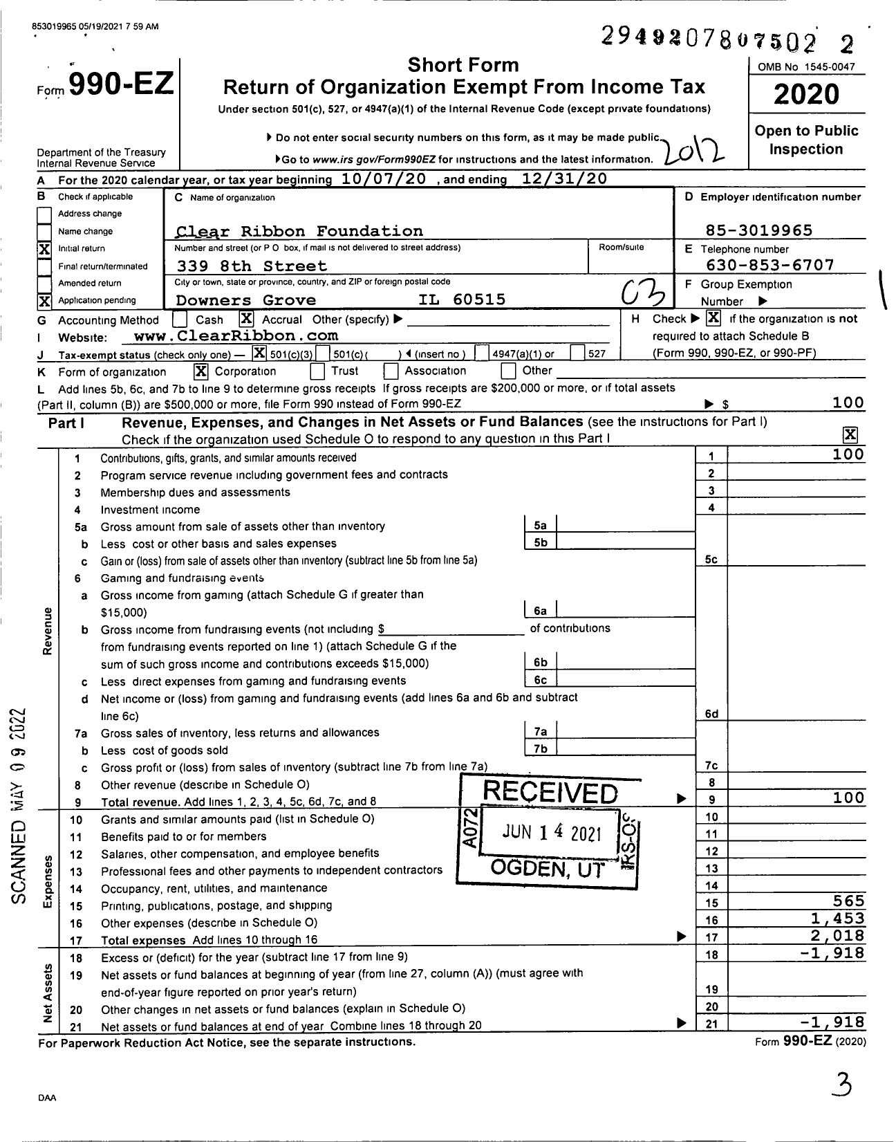 Image of first page of 2020 Form 990EZ for Clear Ribbon Foundation