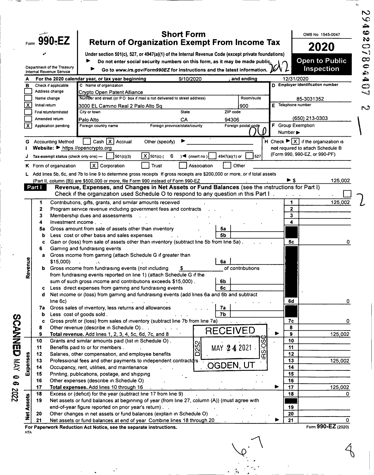 Image of first page of 2020 Form 990EO for Crypto Open Patent Alliance