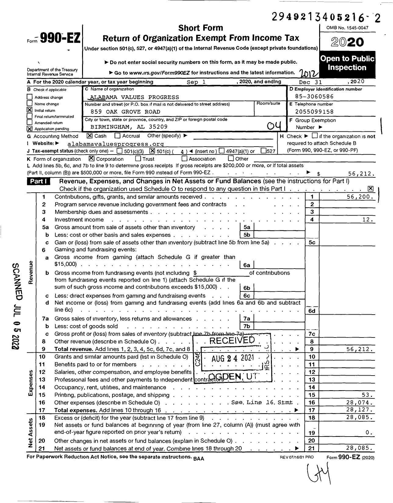 Image of first page of 2020 Form 990EO for Alabama Values Progress