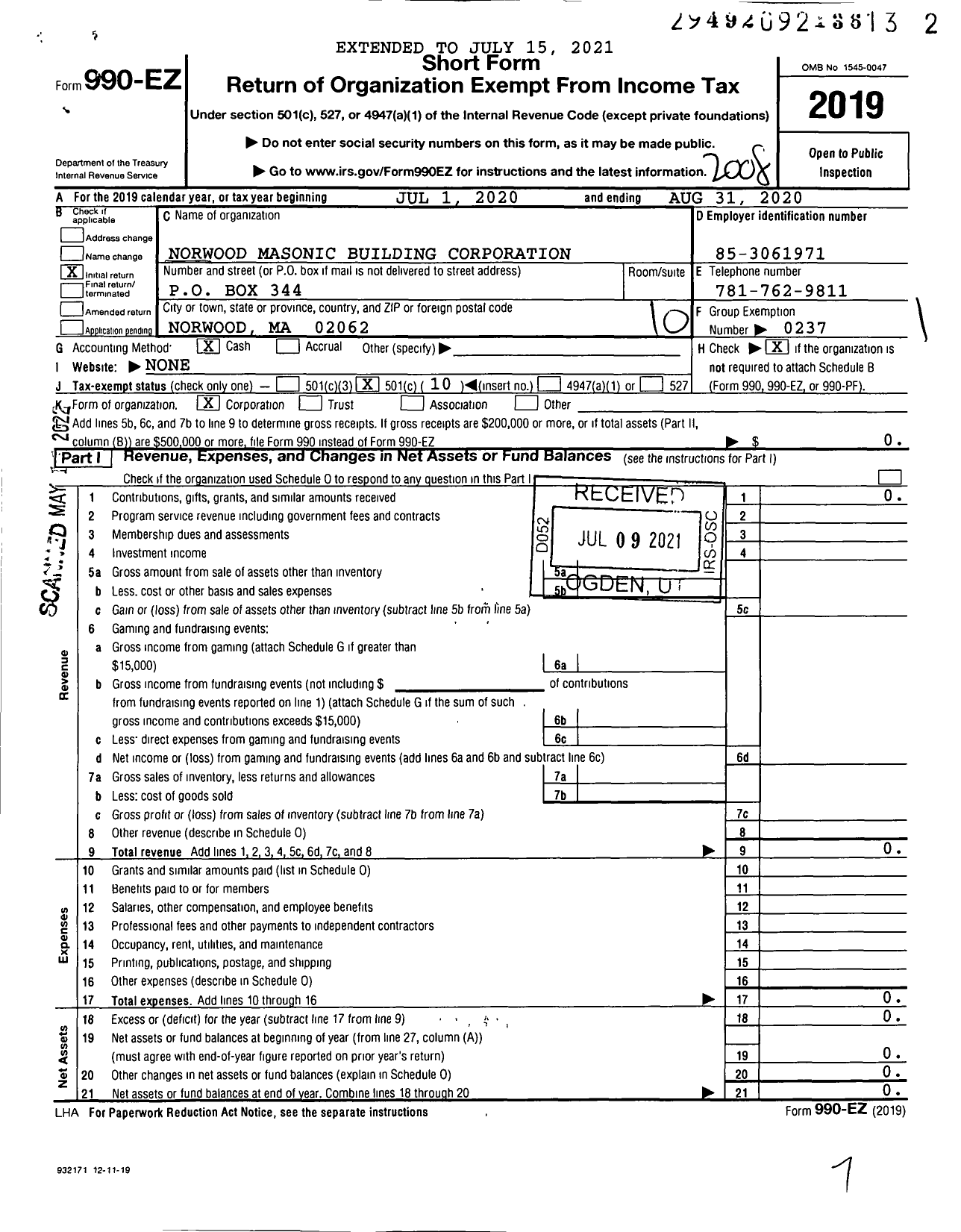 Image of first page of 2019 Form 990EO for Massachusetts Freemasons - Norwood Masonic Building Corporatio