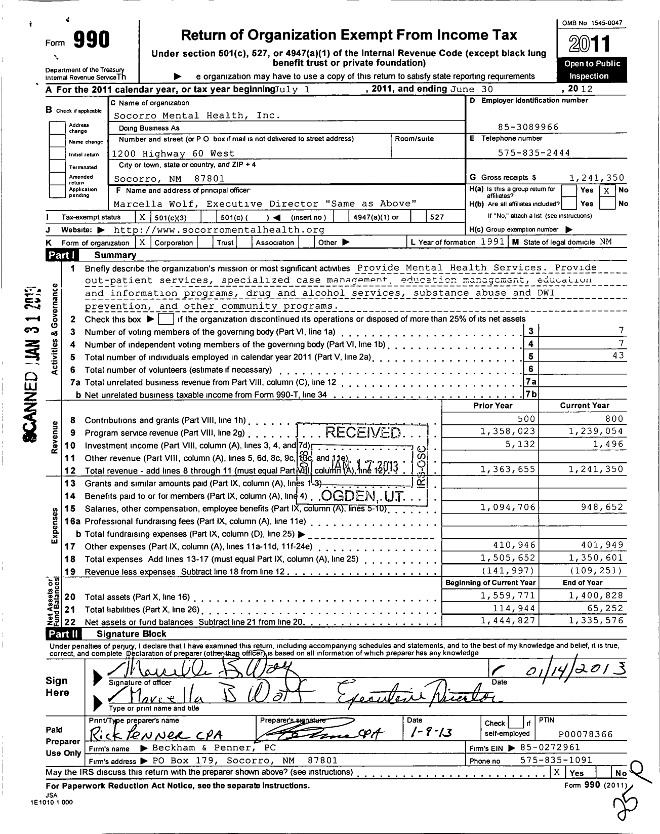 Image of first page of 2011 Form 990 for Socorro Mental Health