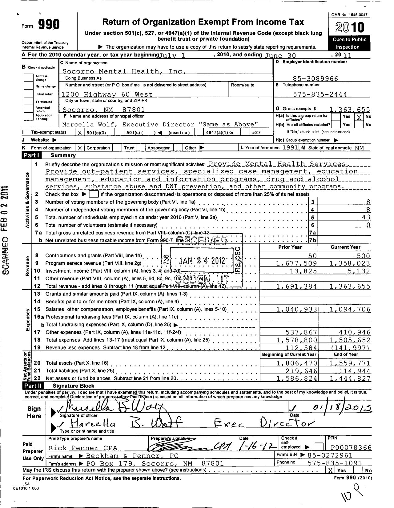 Image of first page of 2010 Form 990 for Socorro Mental Health