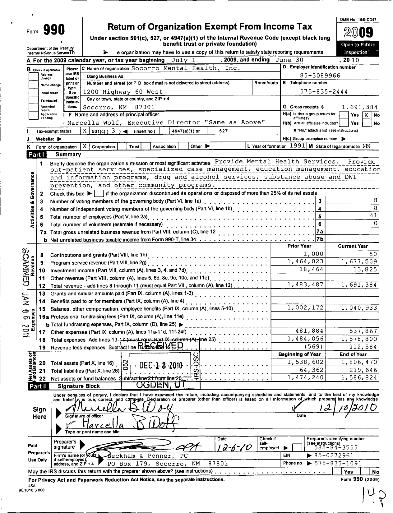 Image of first page of 2009 Form 990 for Socorro Mental Health