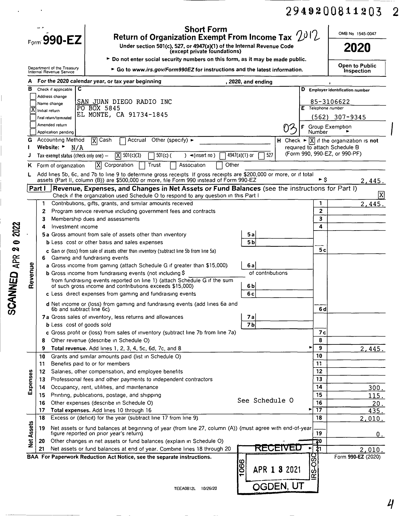 Image of first page of 2020 Form 990EZ for San Juan Diego Radio