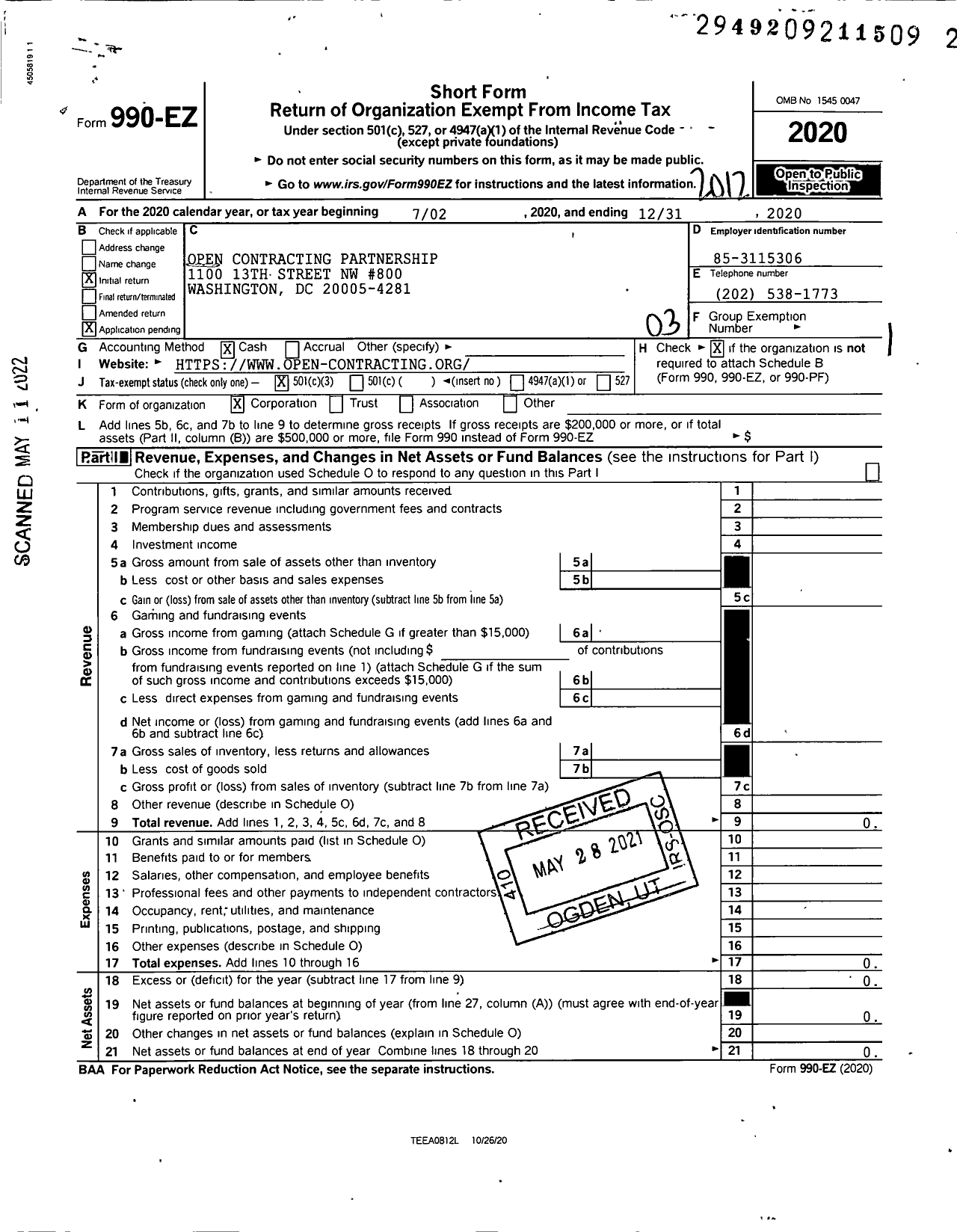 Image of first page of 2020 Form 990EZ for Open Contracting Partnership