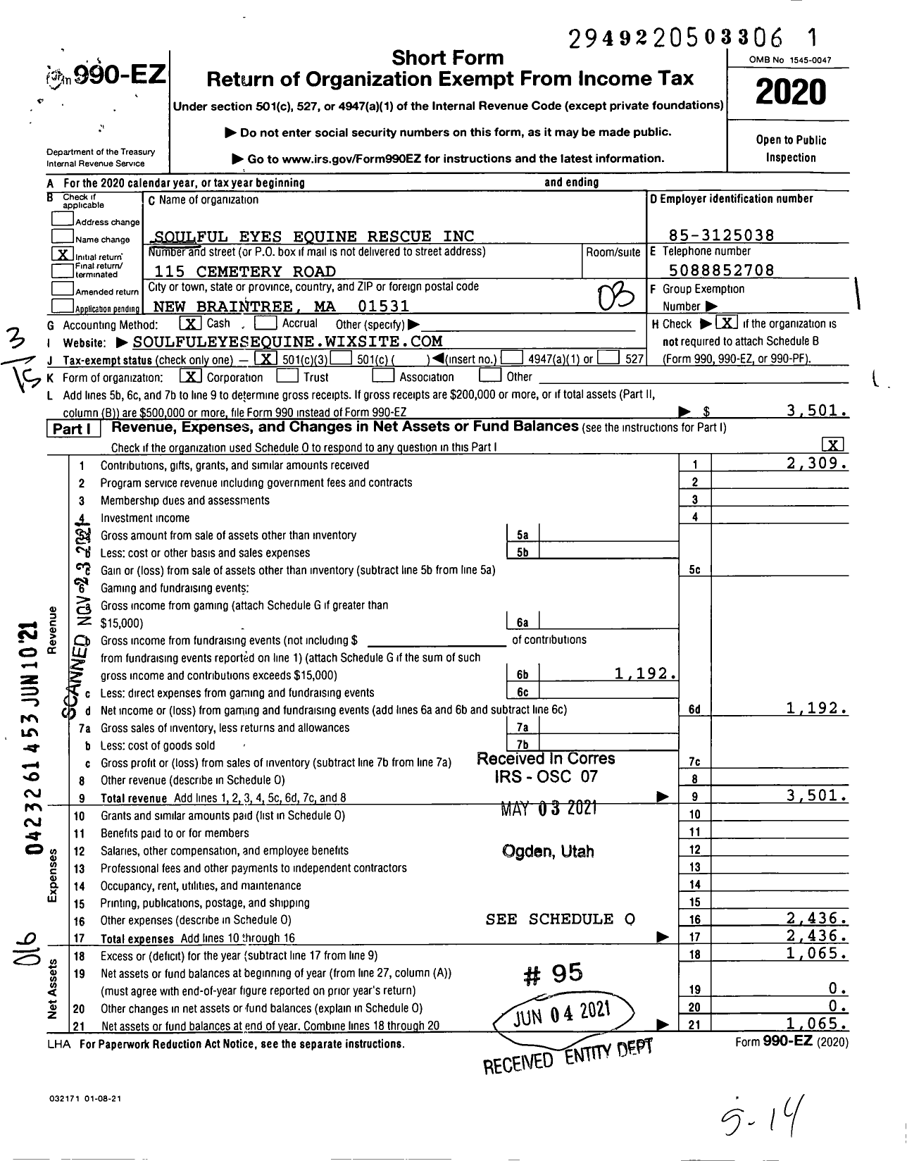 Image of first page of 2020 Form 990EZ for Soulful Eyes Equine Rescue