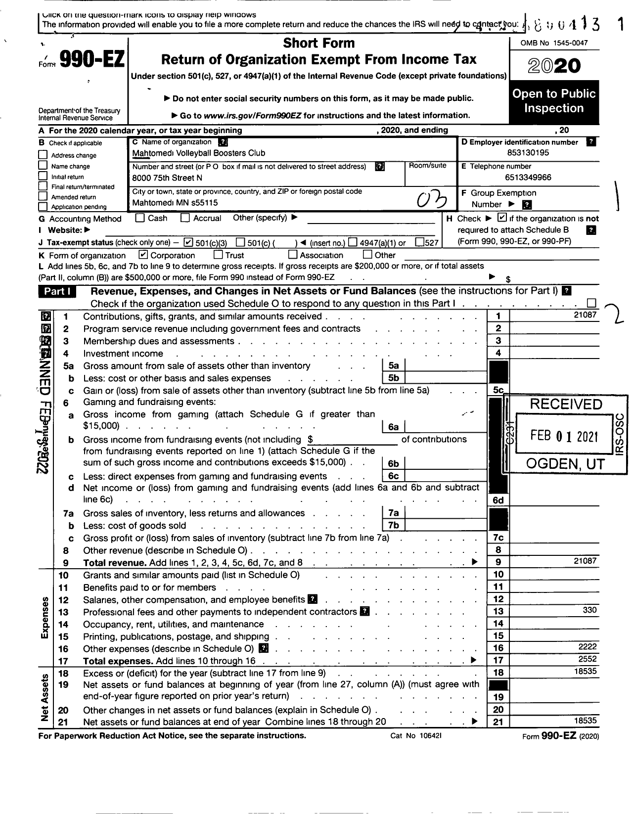 Image of first page of 2020 Form 990EZ for Mahtomedi Volleyball