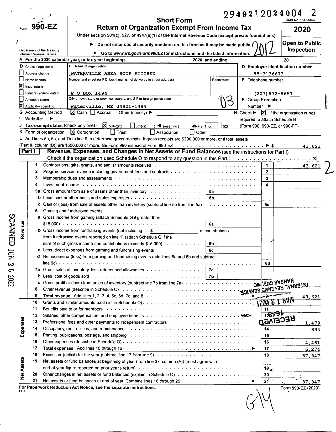 Image of first page of 2020 Form 990EZ for Waterville Area Soup Kitchen