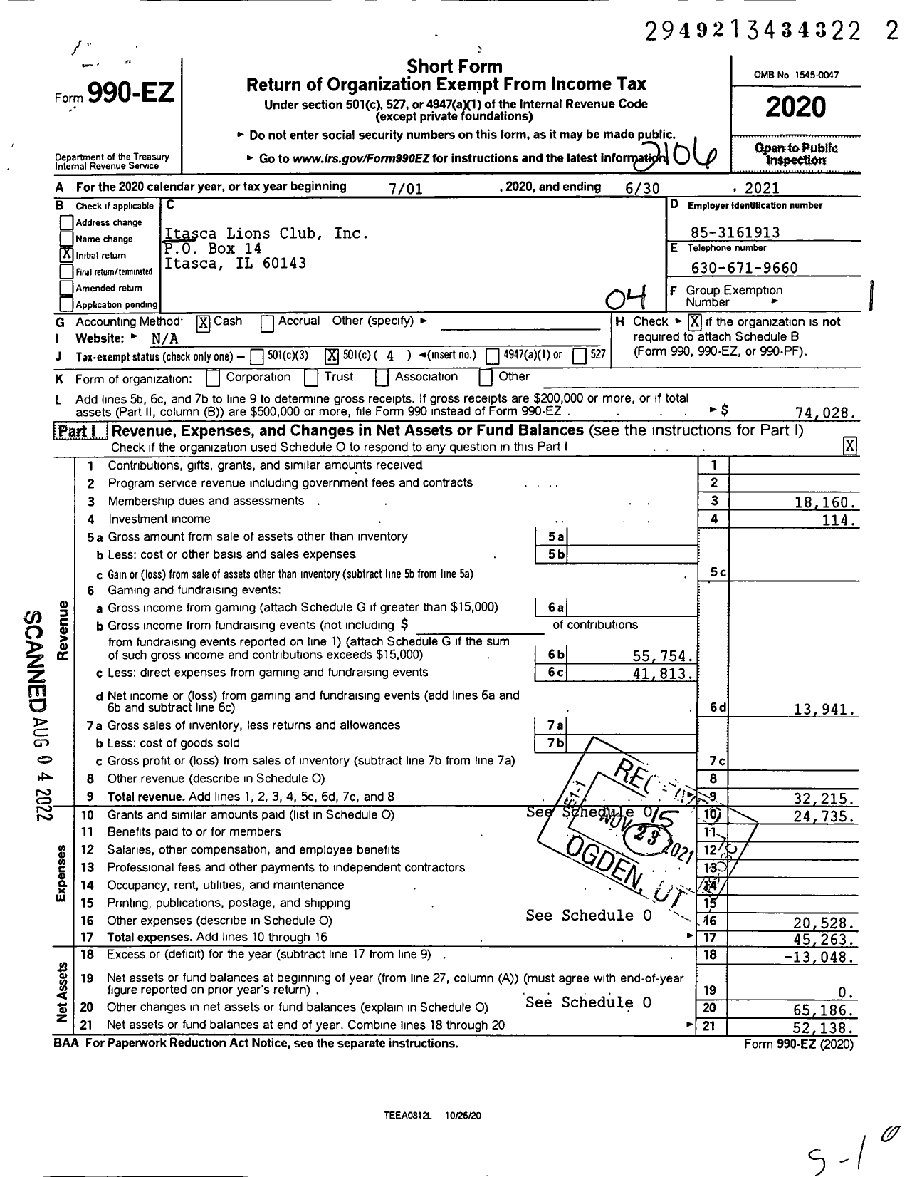 Image of first page of 2020 Form 990EO for Itasca Lions Club