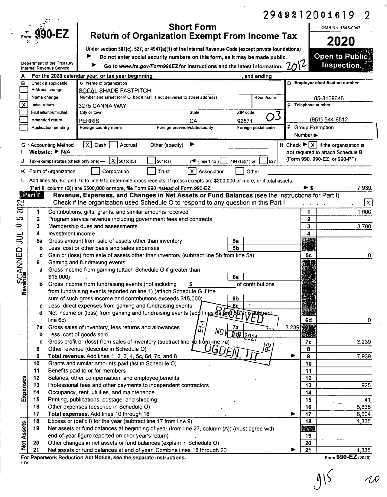 Image of first page of 2020 Form 990EZ for Socal Cal Shade Fastpitch