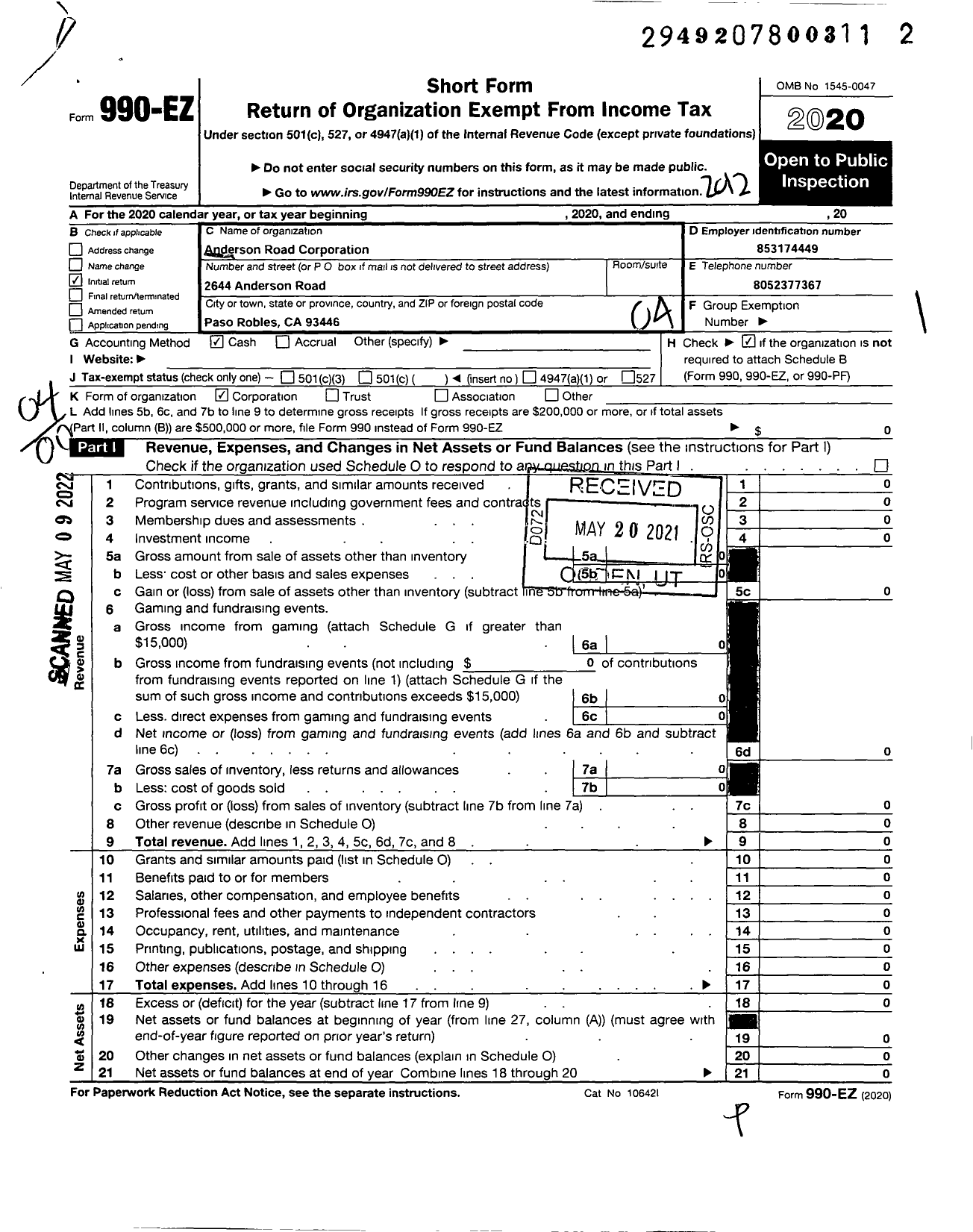 Image of first page of 2020 Form 990EO for Anderson Road Corporation