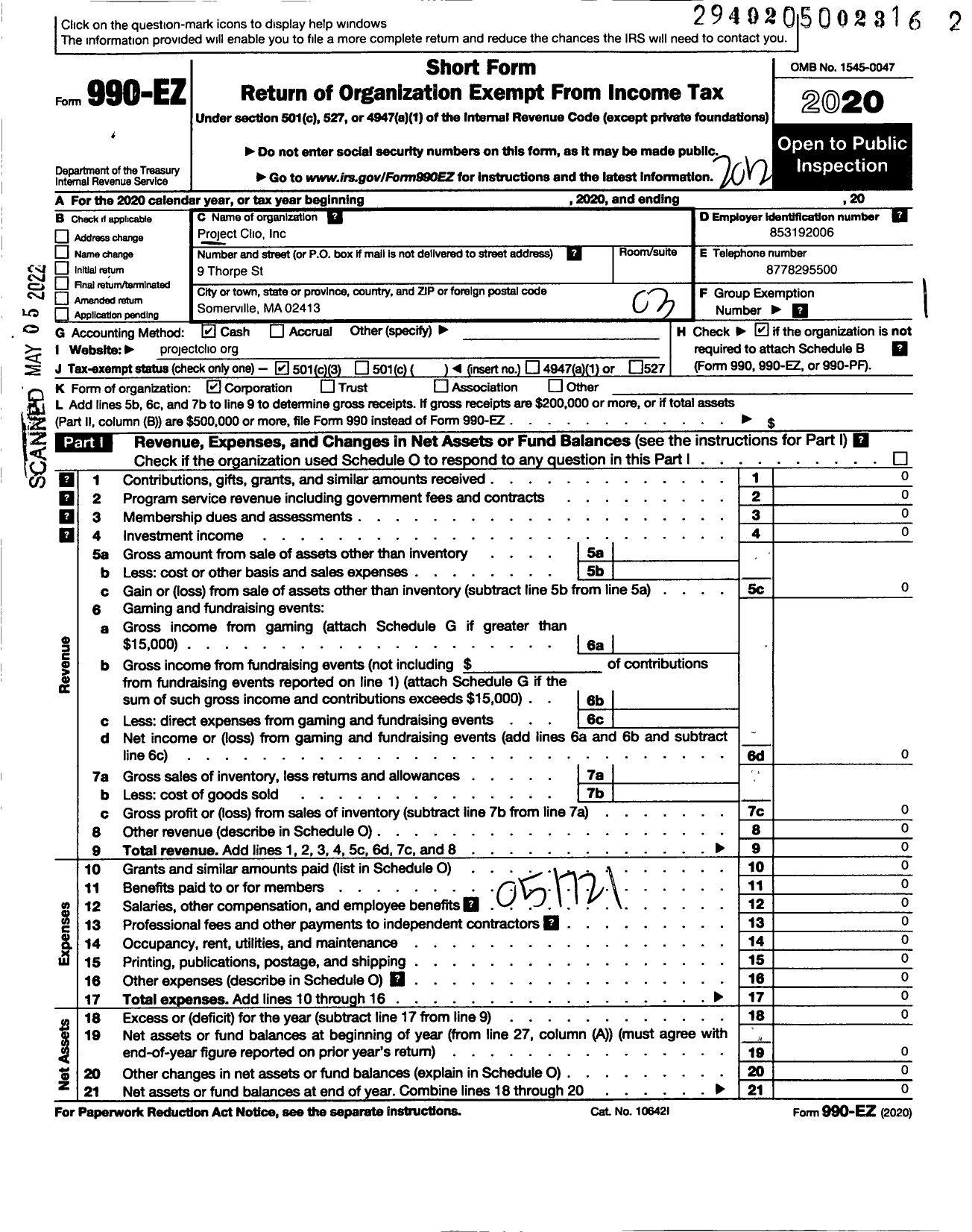 Image of first page of 2020 Form 990EZ for Project Clio