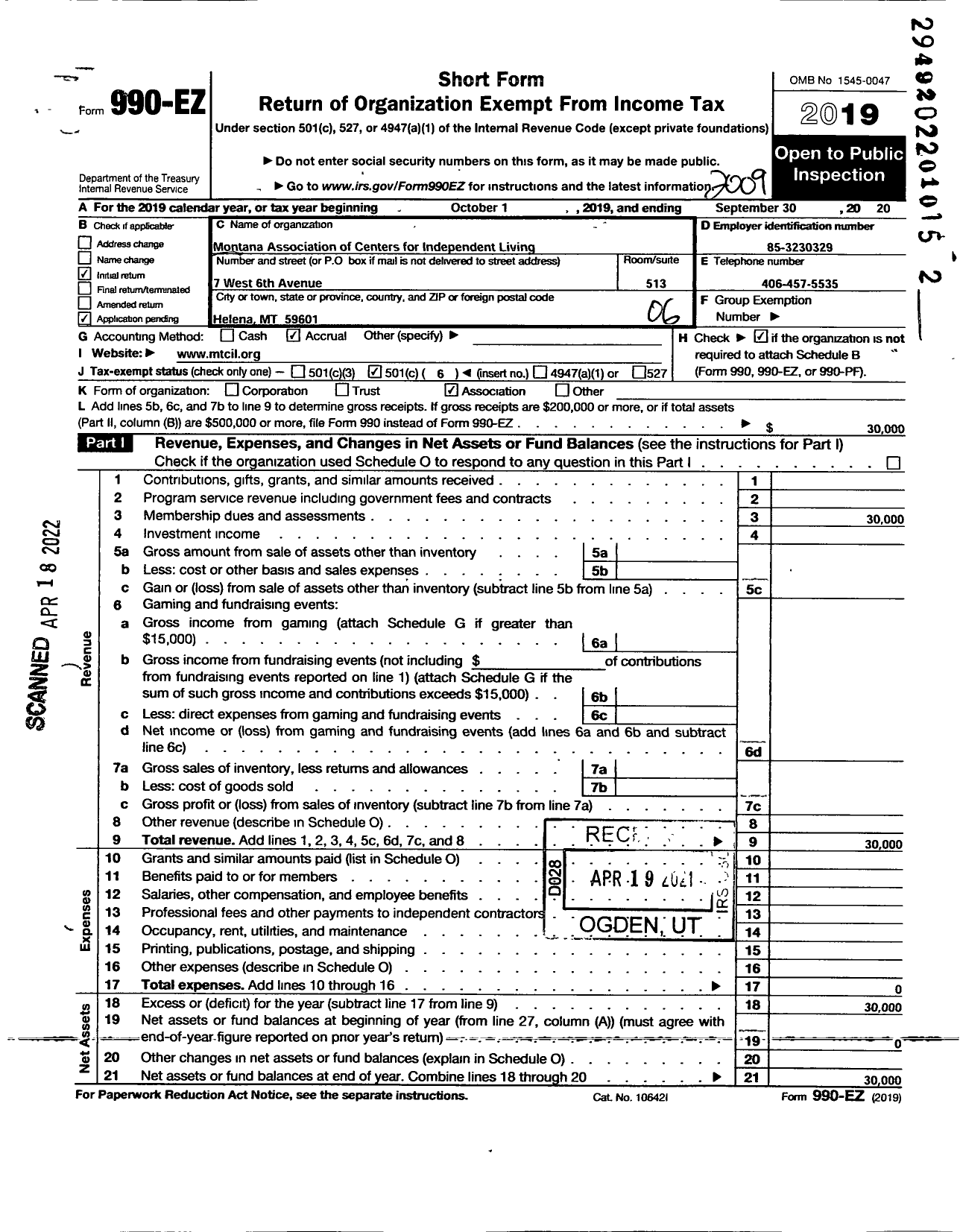 Image of first page of 2019 Form 990EO for Montana Association of Centers for Independent Living