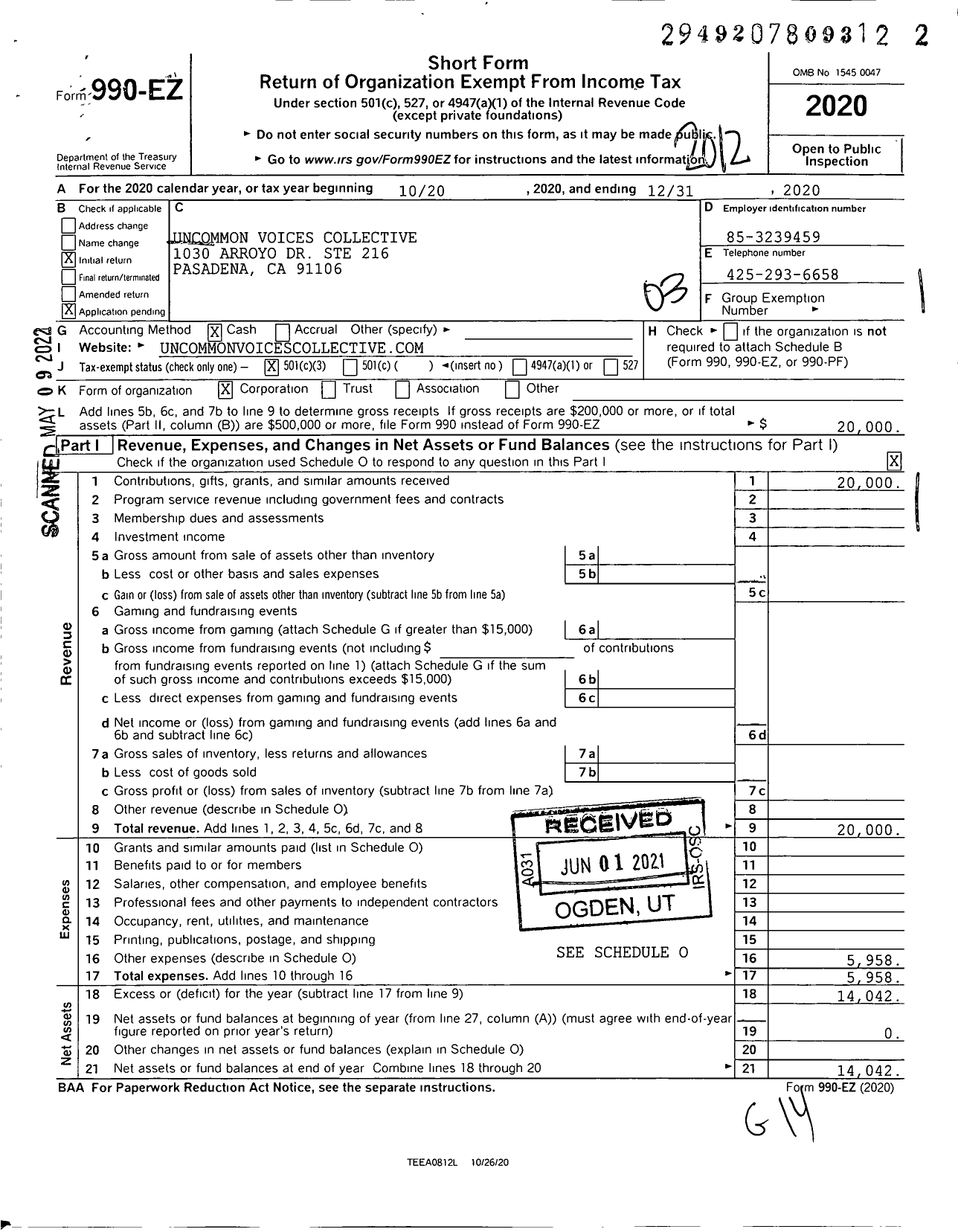 Image of first page of 2020 Form 990EZ for Uncommon Voices Collective