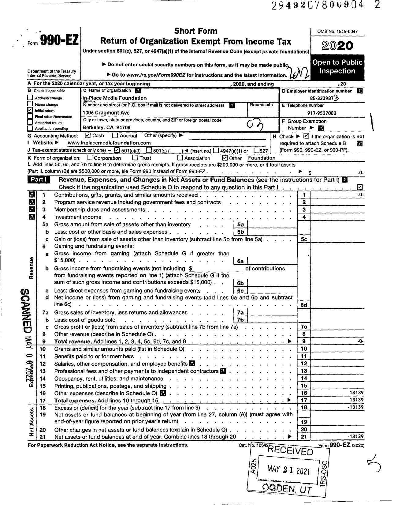 Image of first page of 2020 Form 990EZ for In-Place Media Foundation