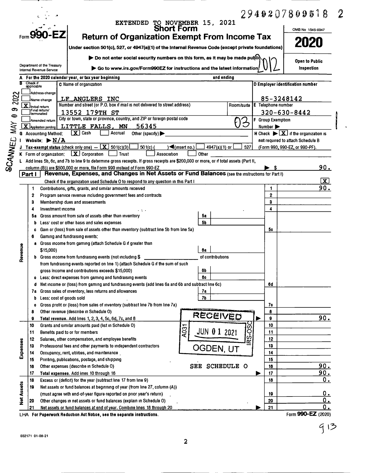 Image of first page of 2020 Form 990EZ for LF Anglers