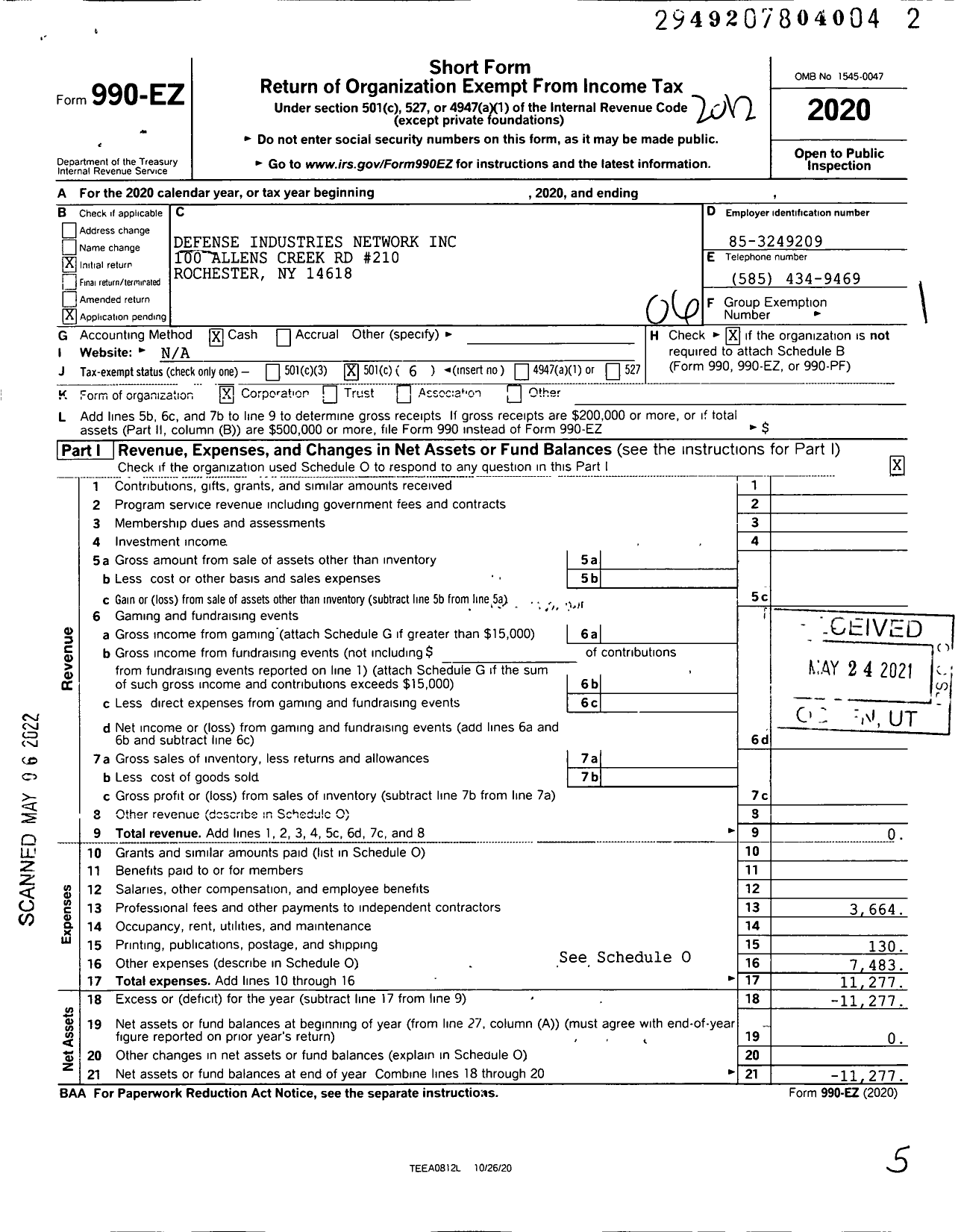 Image of first page of 2020 Form 990EO for Defense Industries Network