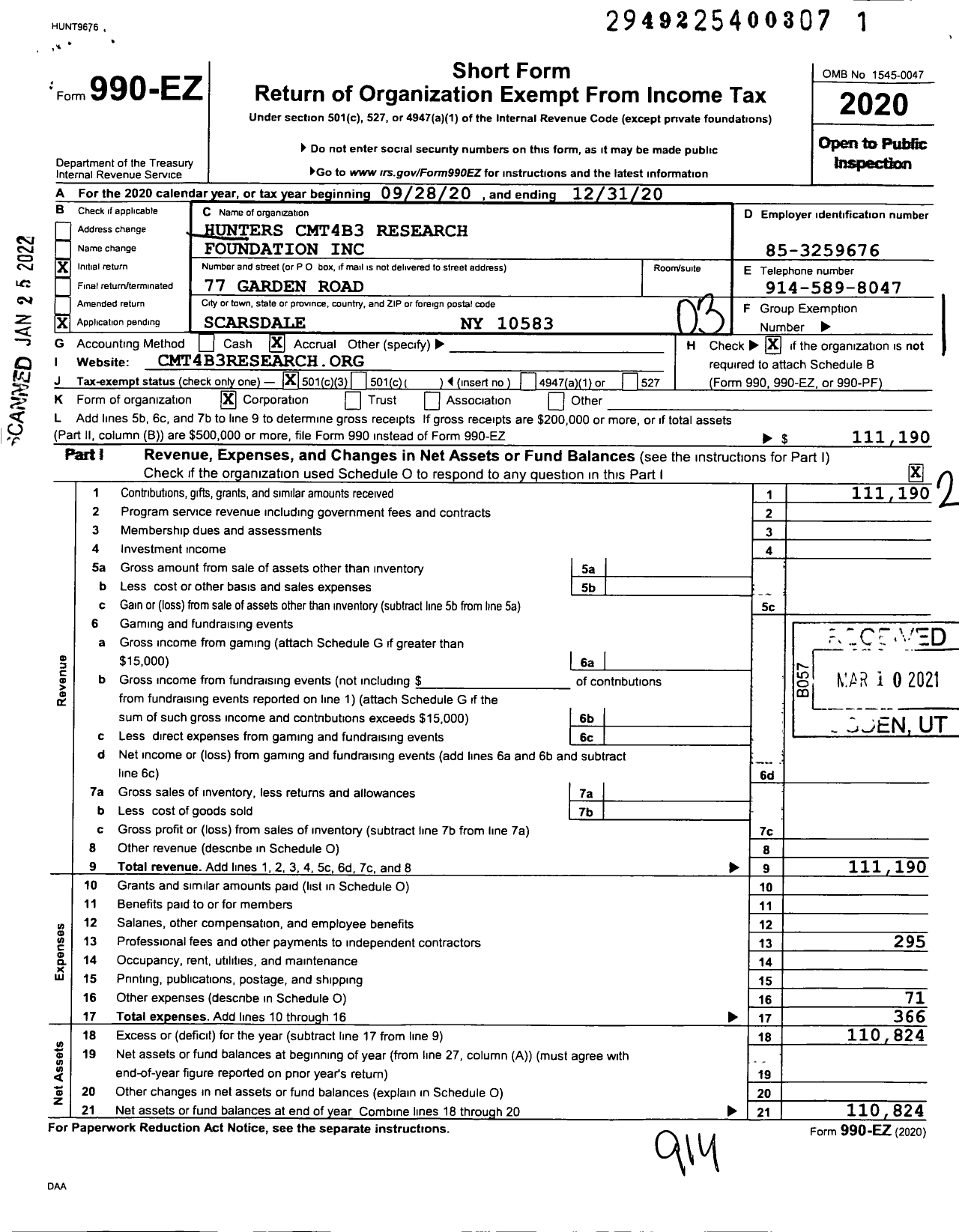 Image of first page of 2020 Form 990EZ for Hunters CMT4B3 Research Foundation