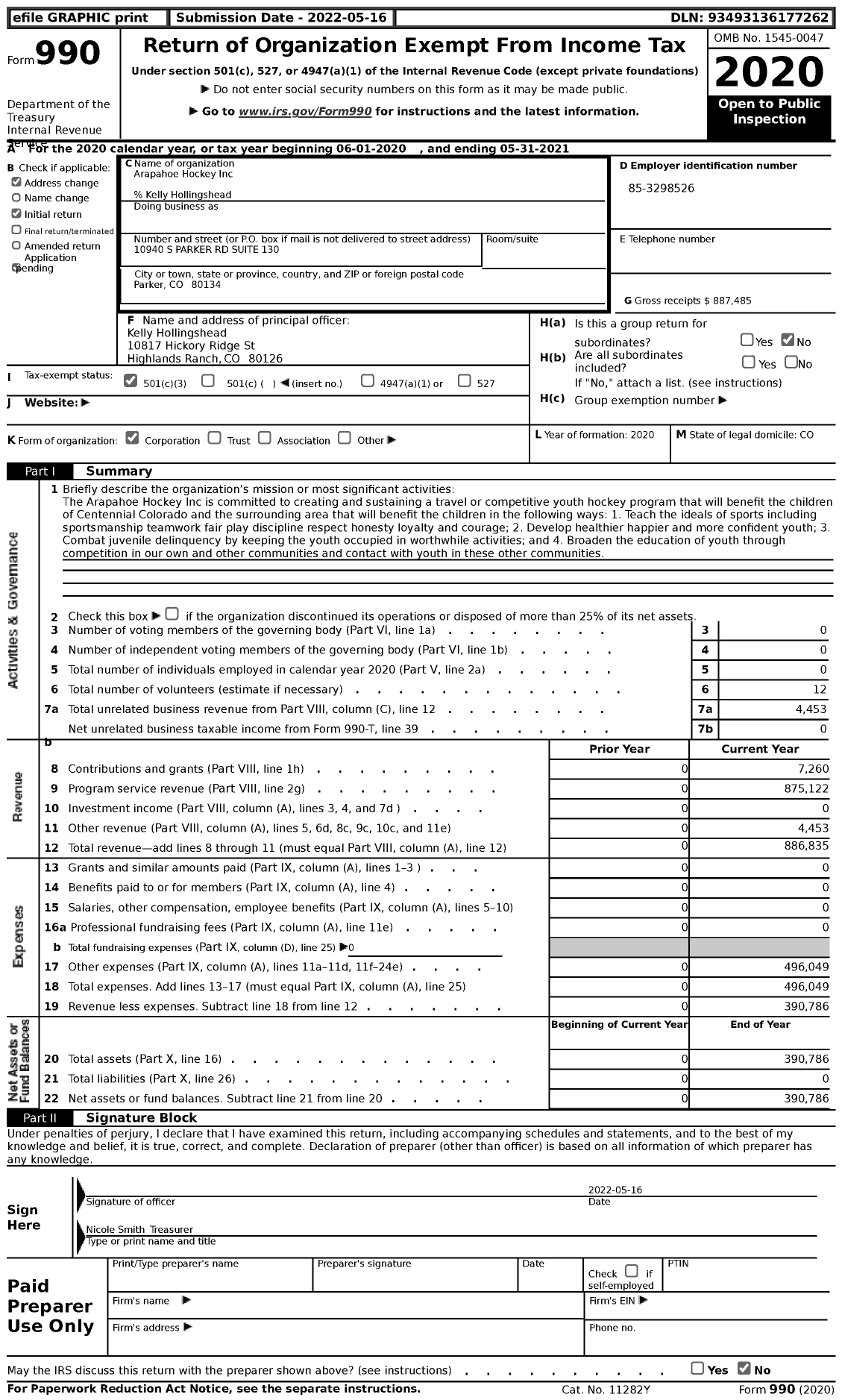 Image of first page of 2020 Form 990 for Arapahoe Hockey