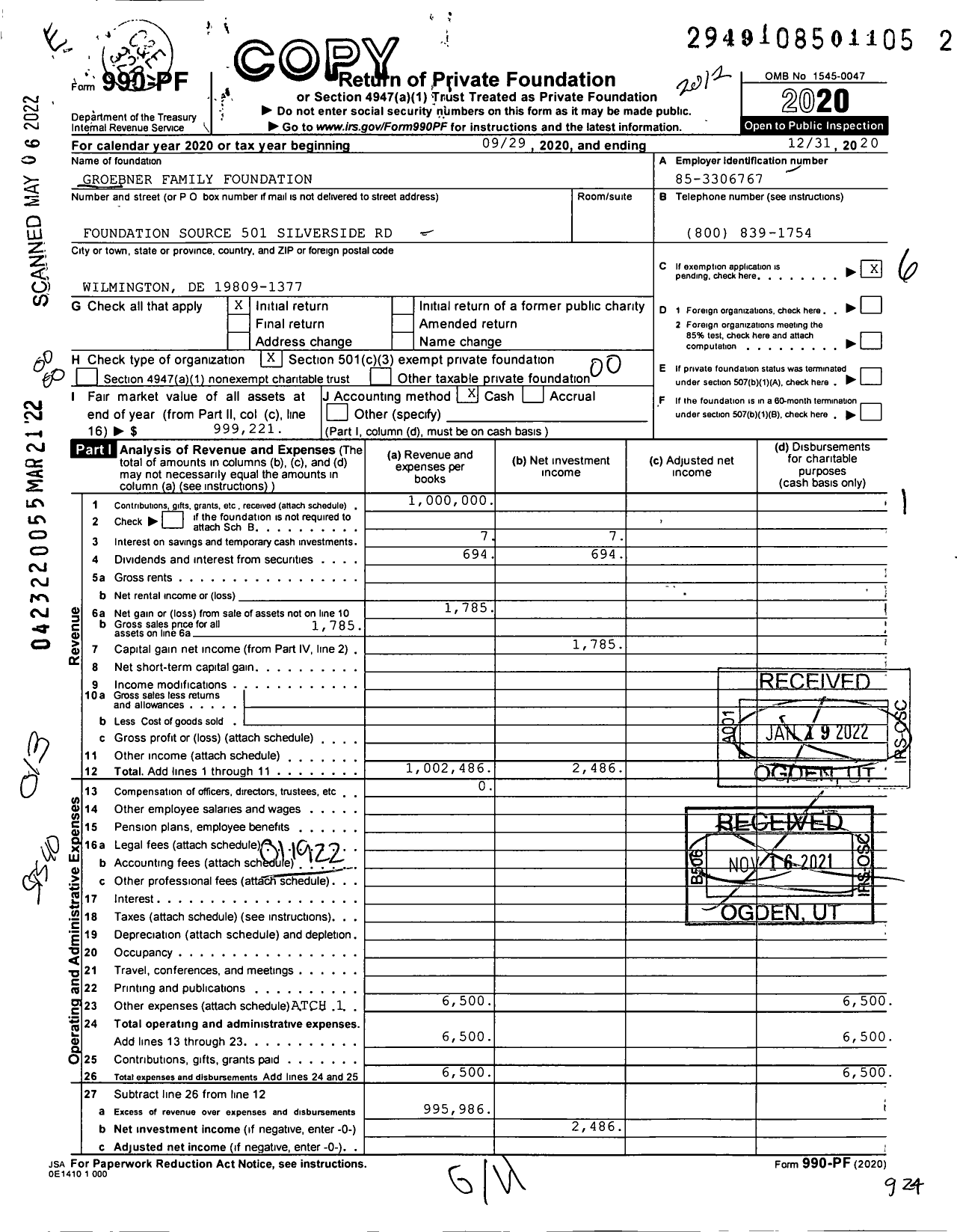 Image of first page of 2020 Form 990PF for Groebner Family Foundation