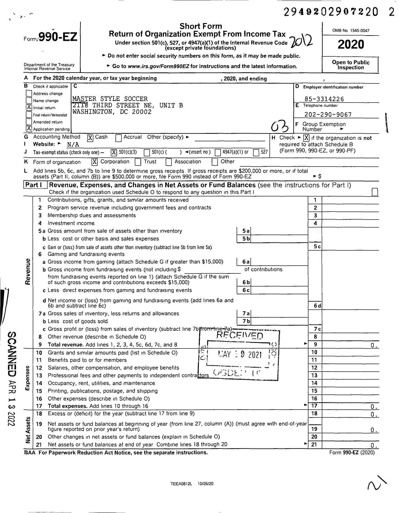 Image of first page of 2020 Form 990EZ for Master Style Soccer