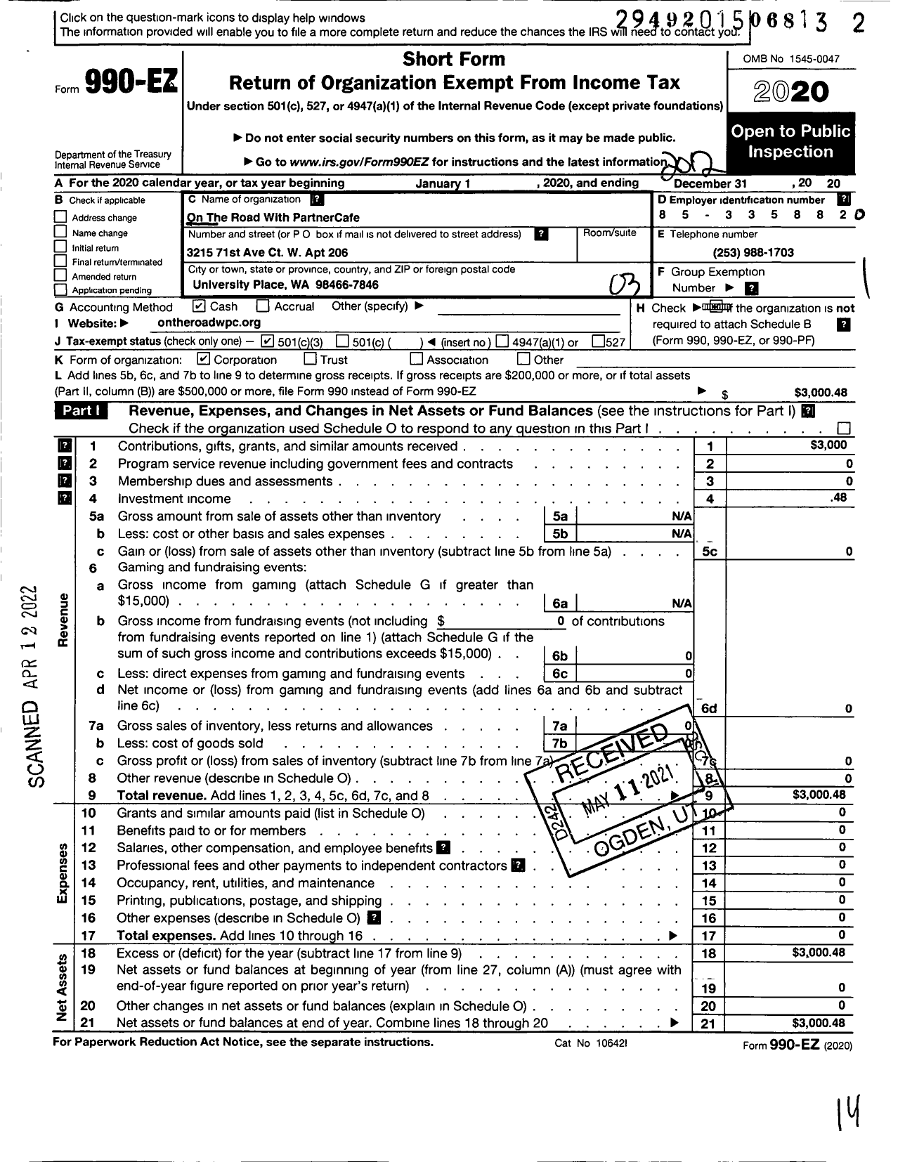 Image of first page of 2020 Form 990EZ for On the Road with Partnercafe