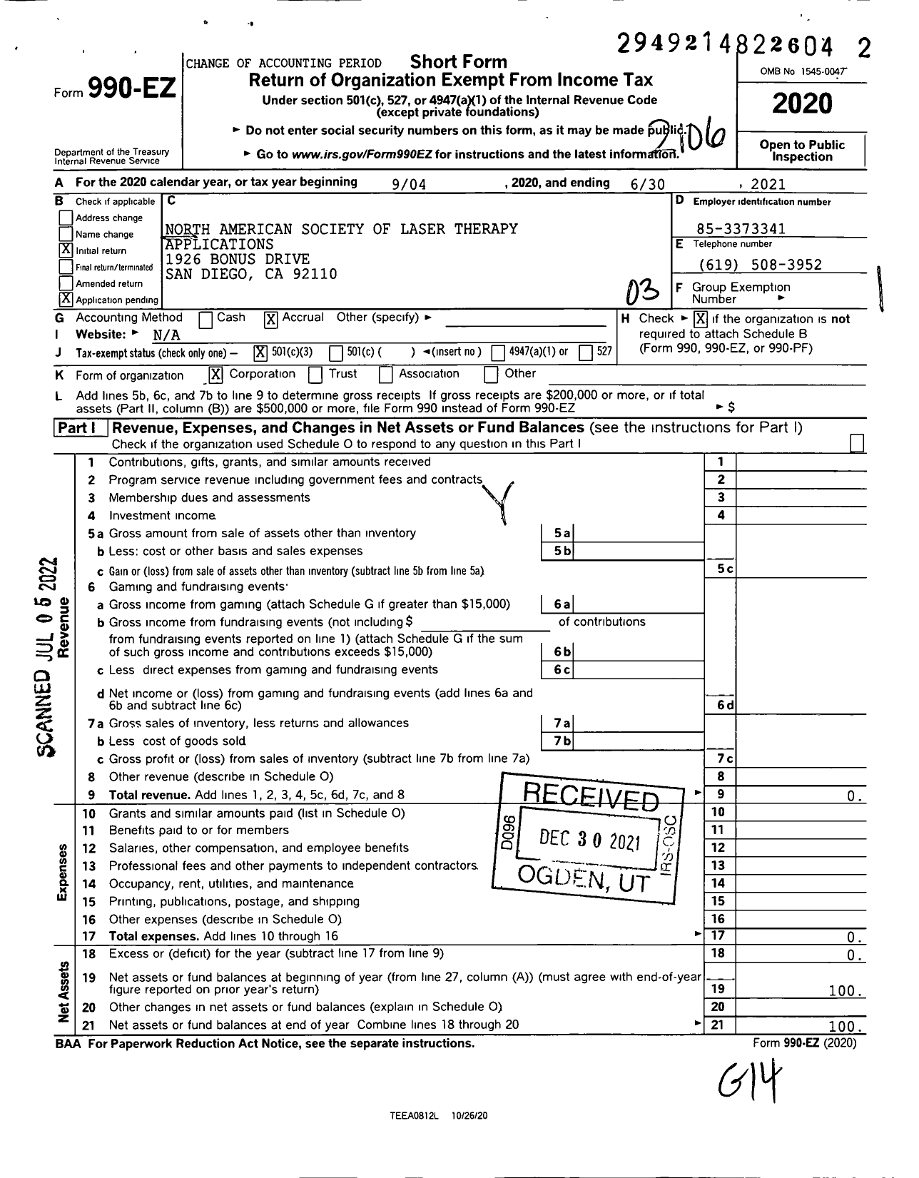 Image of first page of 2020 Form 990EZ for North American Society of Laser Therapy Applications