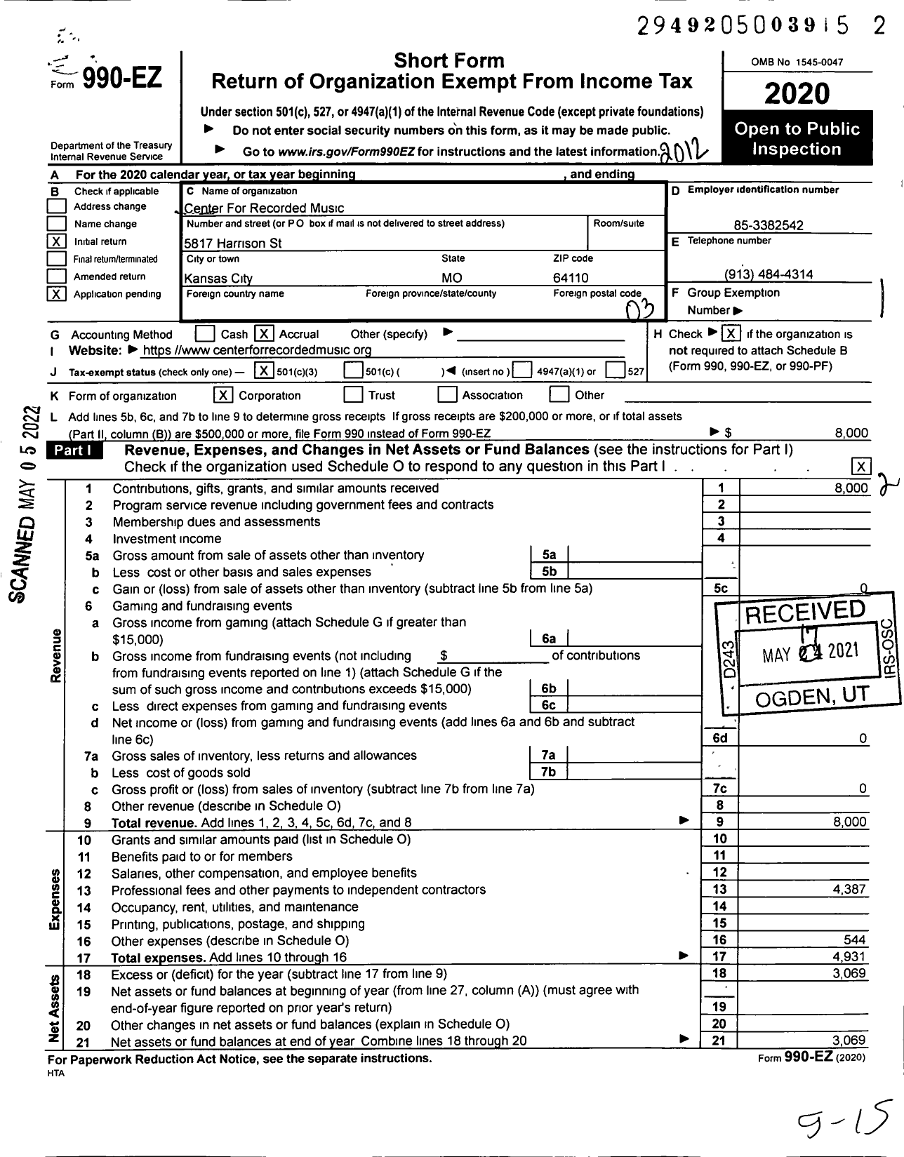 Image of first page of 2020 Form 990EZ for Center for Recorded Music