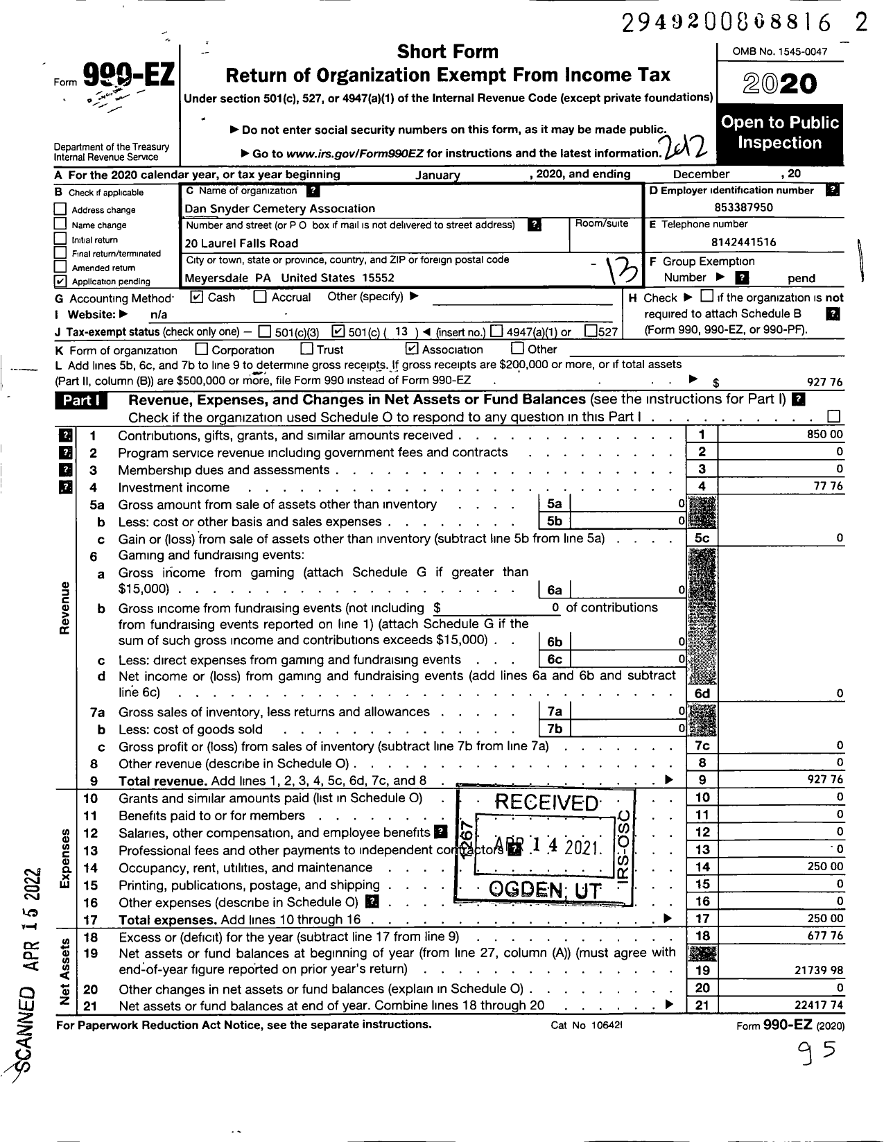 Image of first page of 2020 Form 990EO for Dan Snyder Cemetery