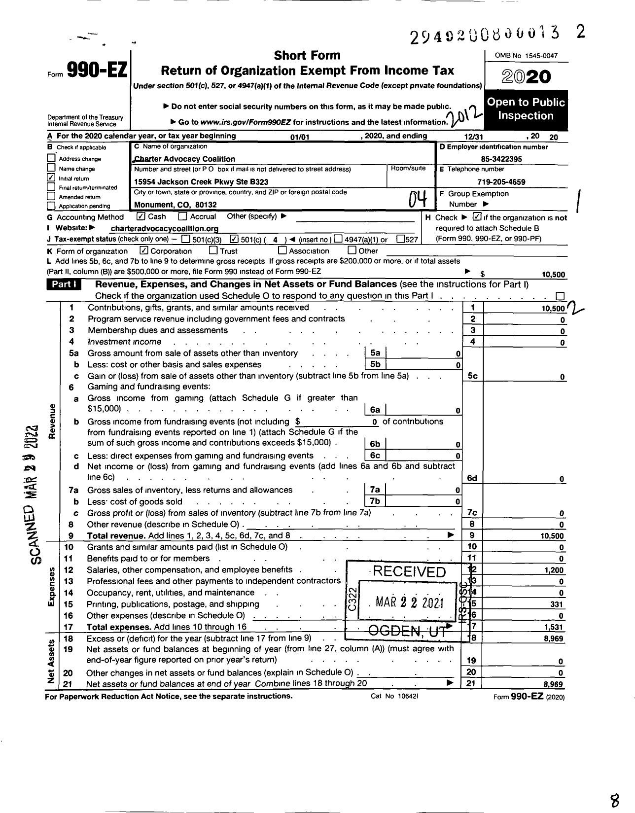 Image of first page of 2020 Form 990EO for Charter Advocacy Coalition