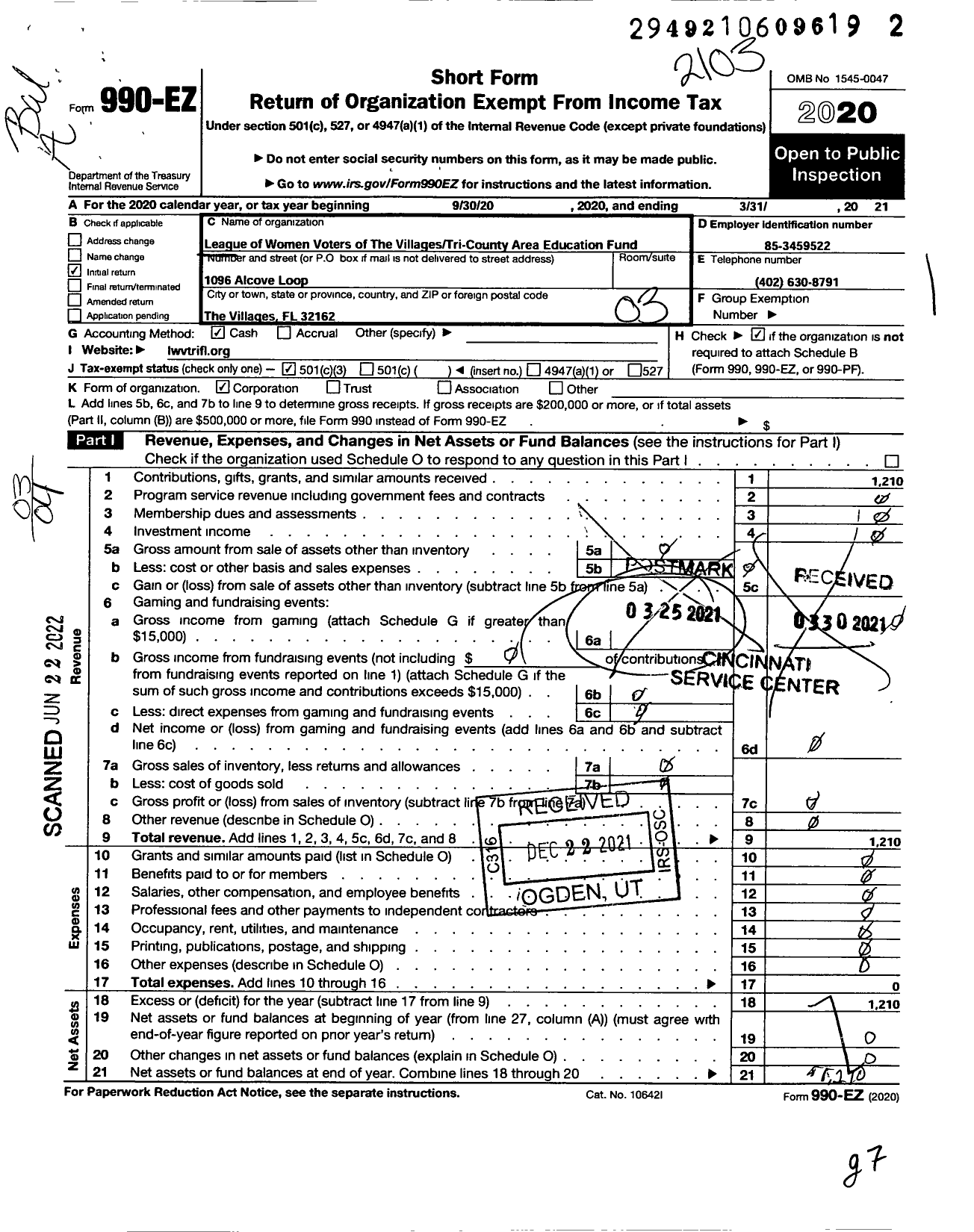 Image of first page of 2020 Form 990EZ for League of Women Voters of the Villages Tri-County Area Education