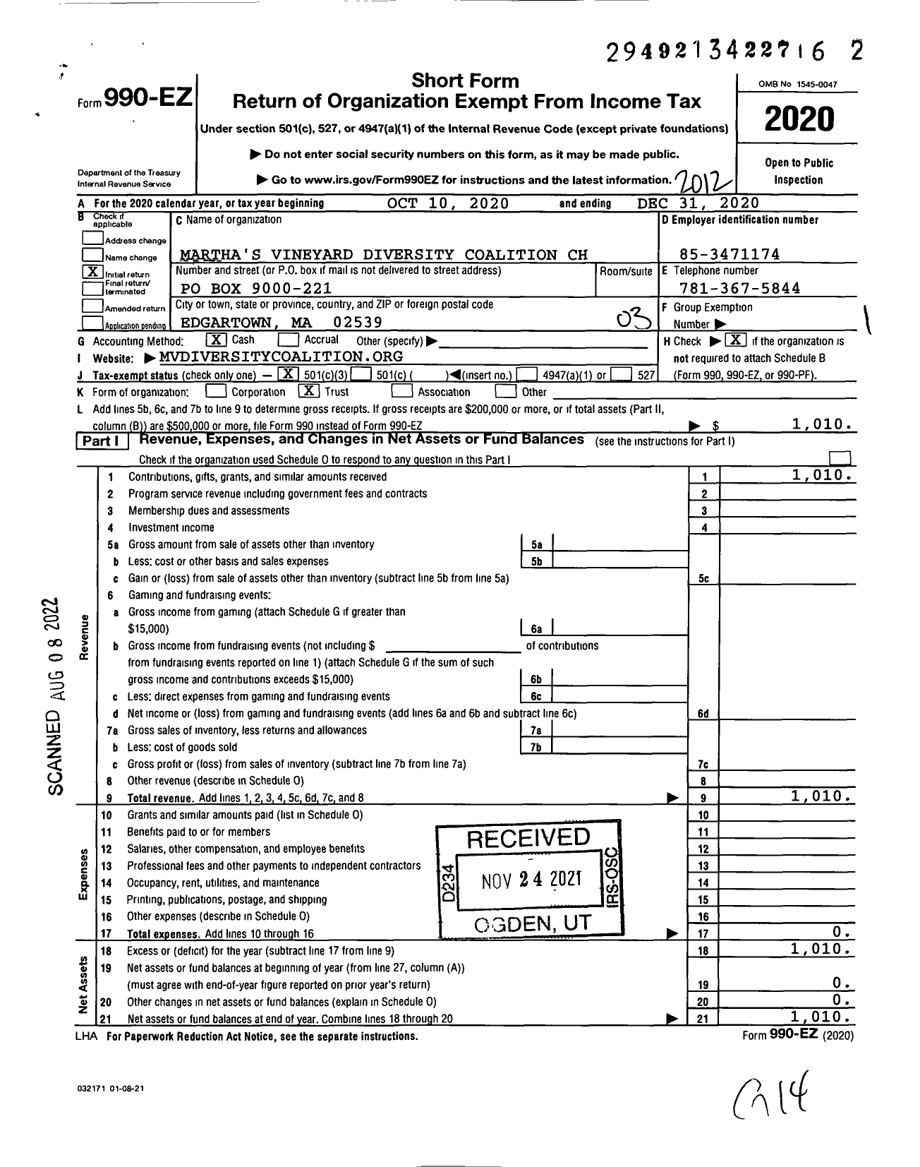 Image of first page of 2020 Form 990EZ for Martha's Vineyard Diversity Coalition Charitable Trust