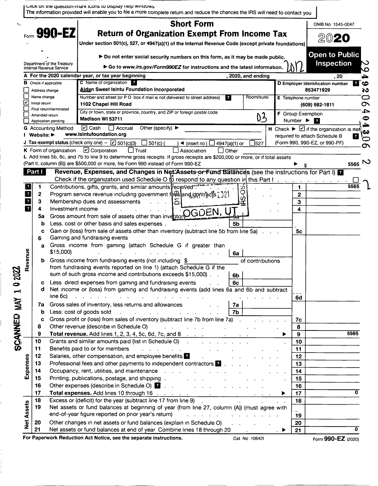 Image of first page of 2020 Form 990EZ for Aidan Sweet Isintu Foundation Incorporated