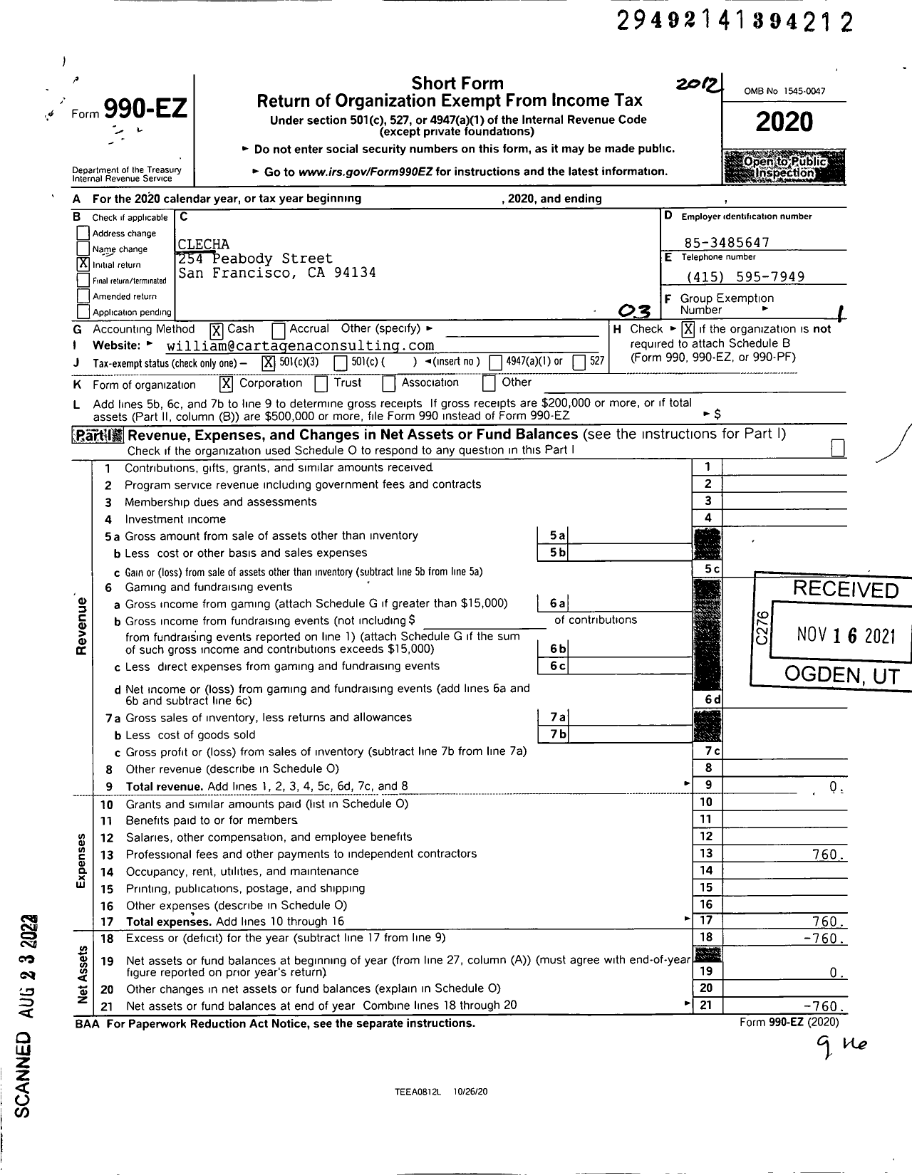 Image of first page of 2020 Form 990EZ for Clecha