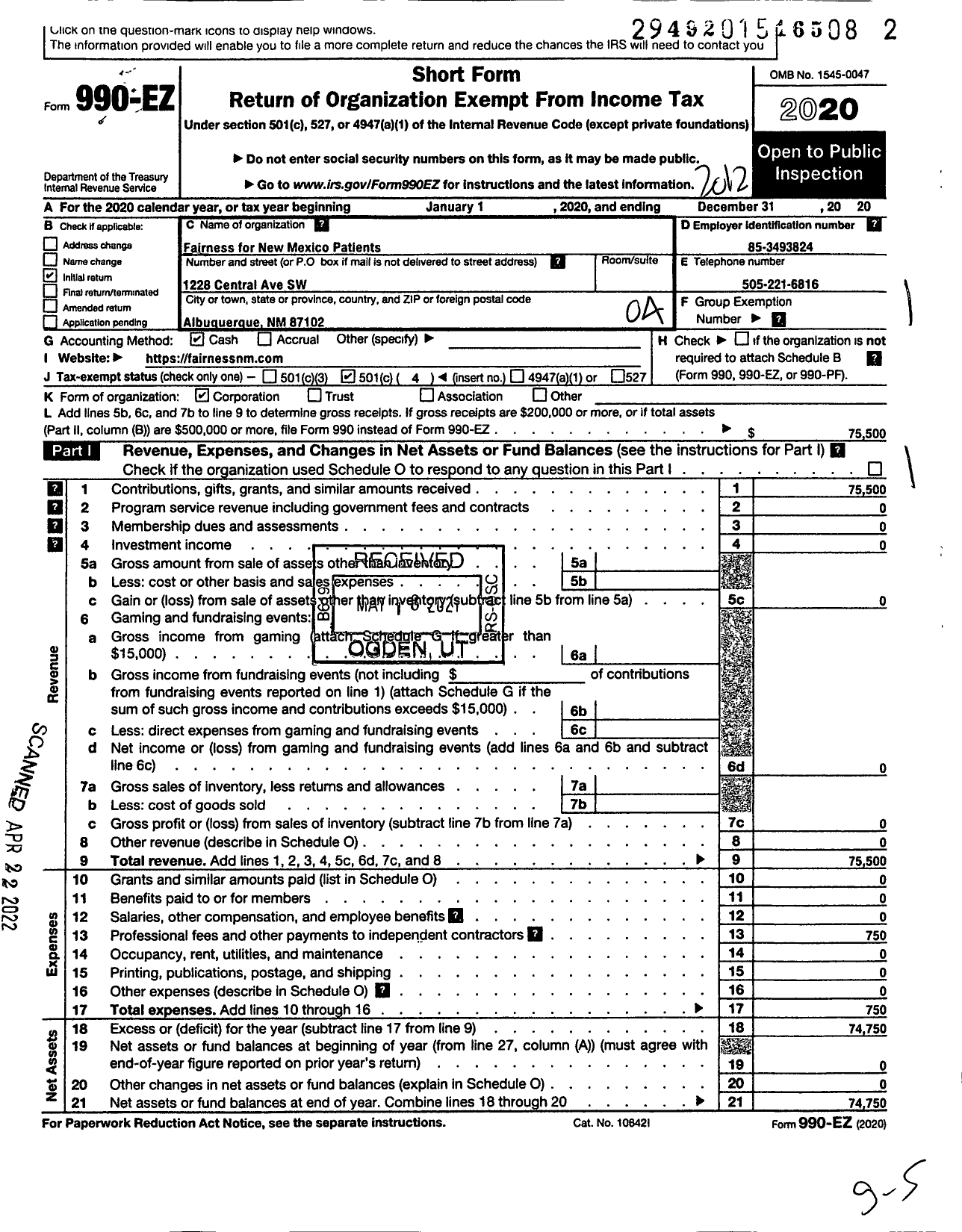 Image of first page of 2020 Form 990EO for Fairness for New Mexico Patients