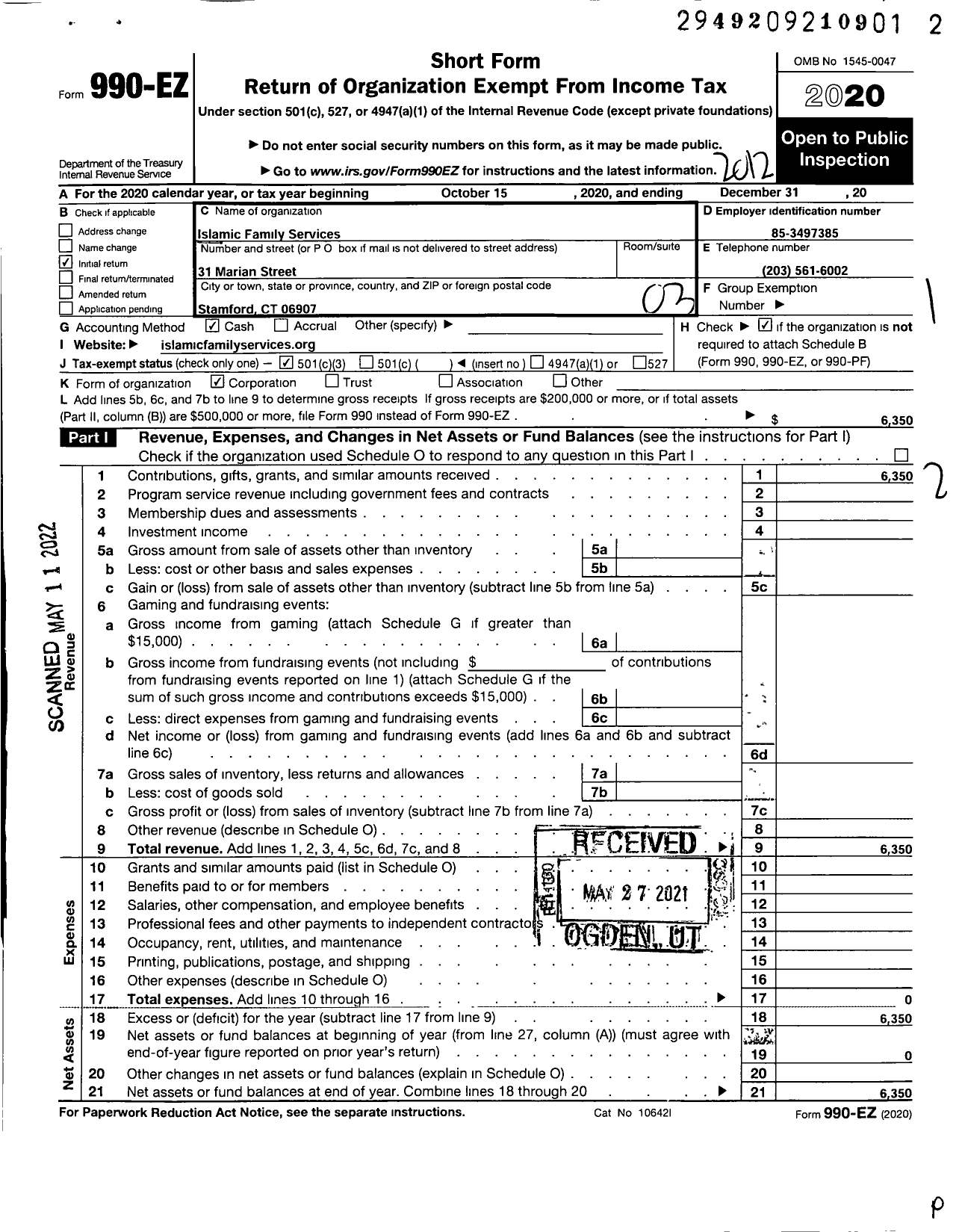 Image of first page of 2020 Form 990EZ for Islamic Family Services