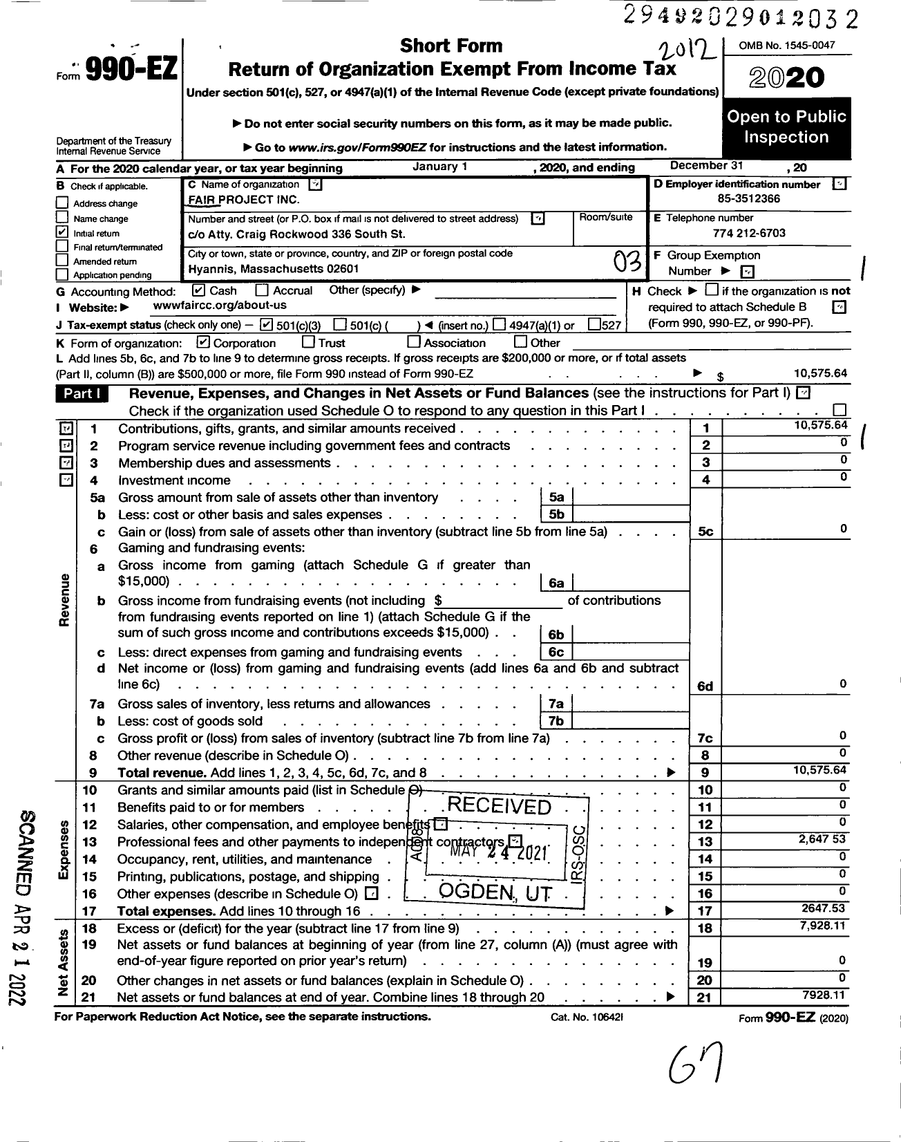 Image of first page of 2020 Form 990EZ for Fair Project Attny Craig Rockwood