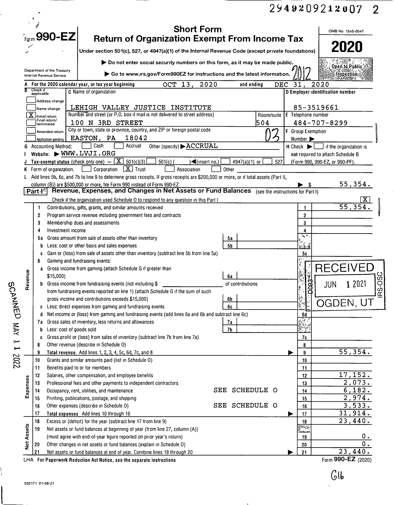 Image of first page of 2020 Form 990EZ for Lehigh Valley Justice Institute