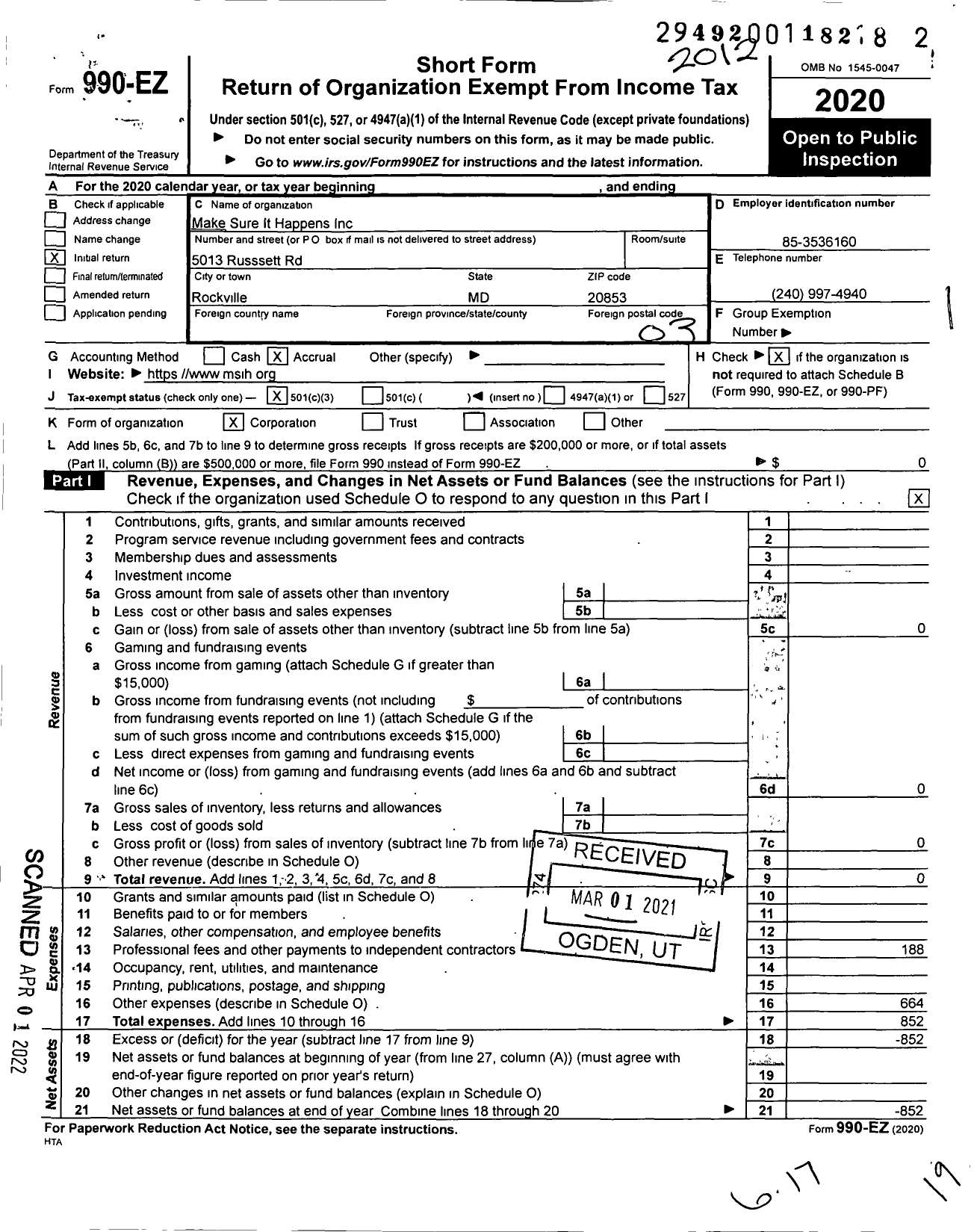 Image of first page of 2020 Form 990EZ for Make Sure It Happens