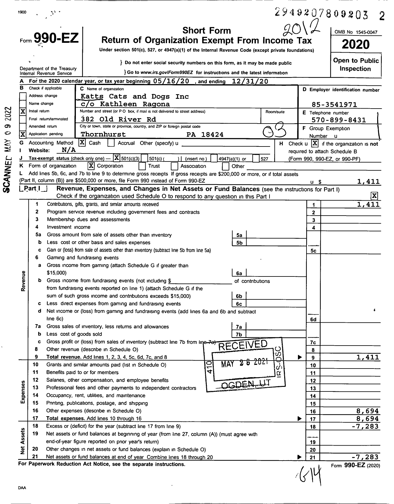 Image of first page of 2020 Form 990EZ for Katts Cats and Dogs