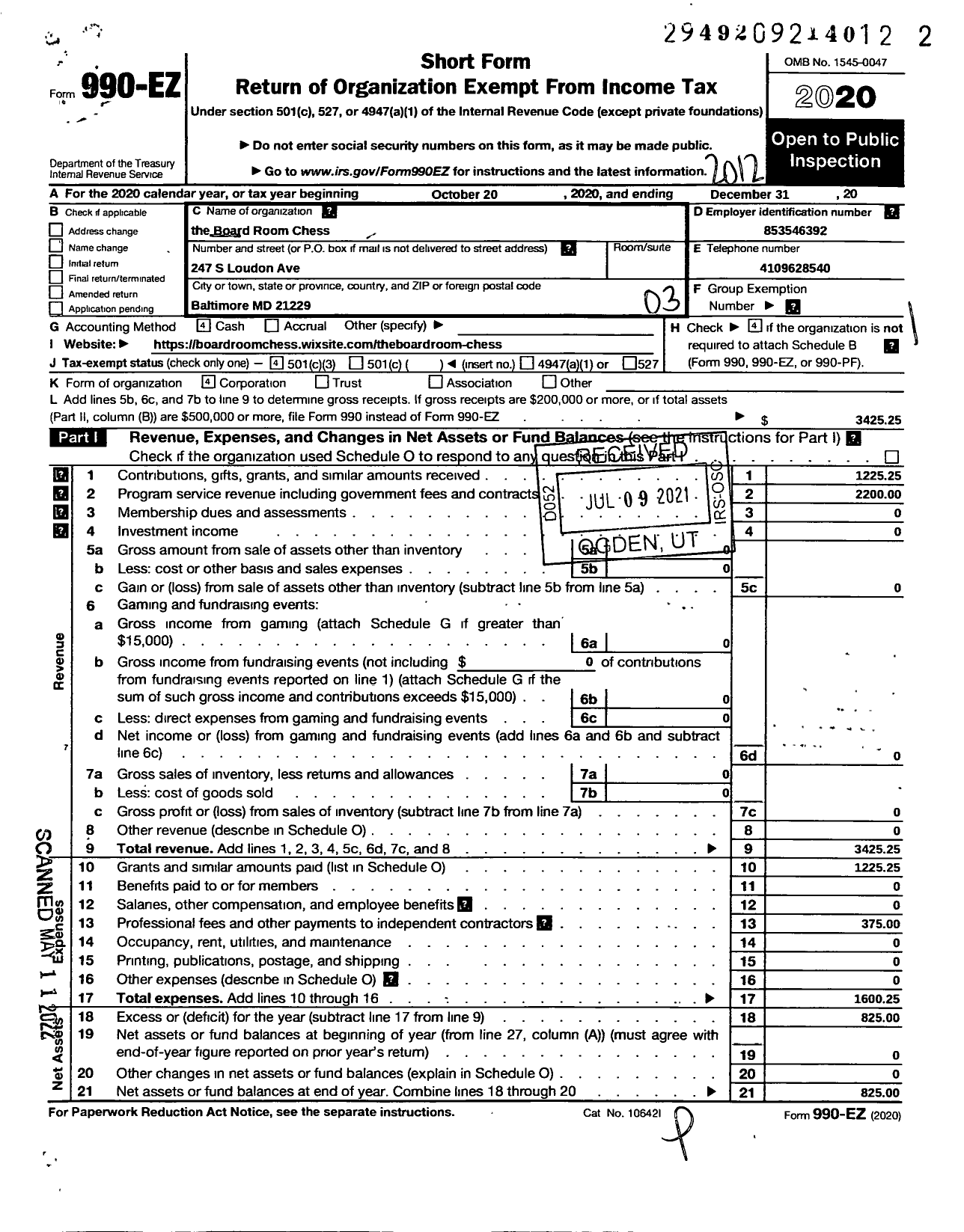 Image of first page of 2020 Form 990EZ for Board Room Chess