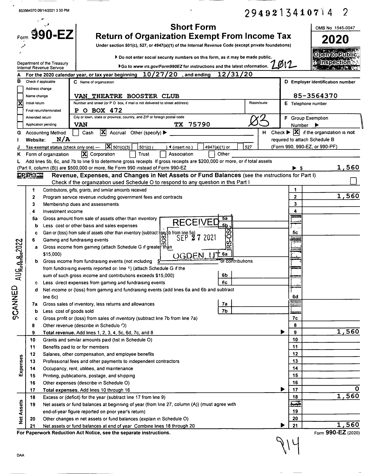 Image of first page of 2020 Form 990EZ for Van High School Theatre Booster Club