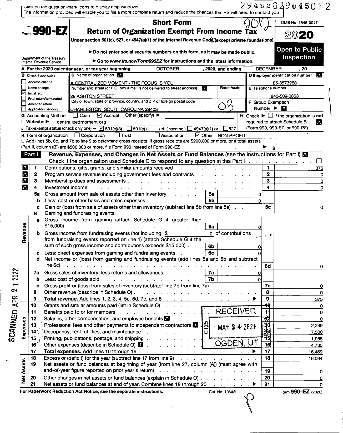 Image of first page of 2020 Form 990EZ for A Centralized Moment - The Focus Is You