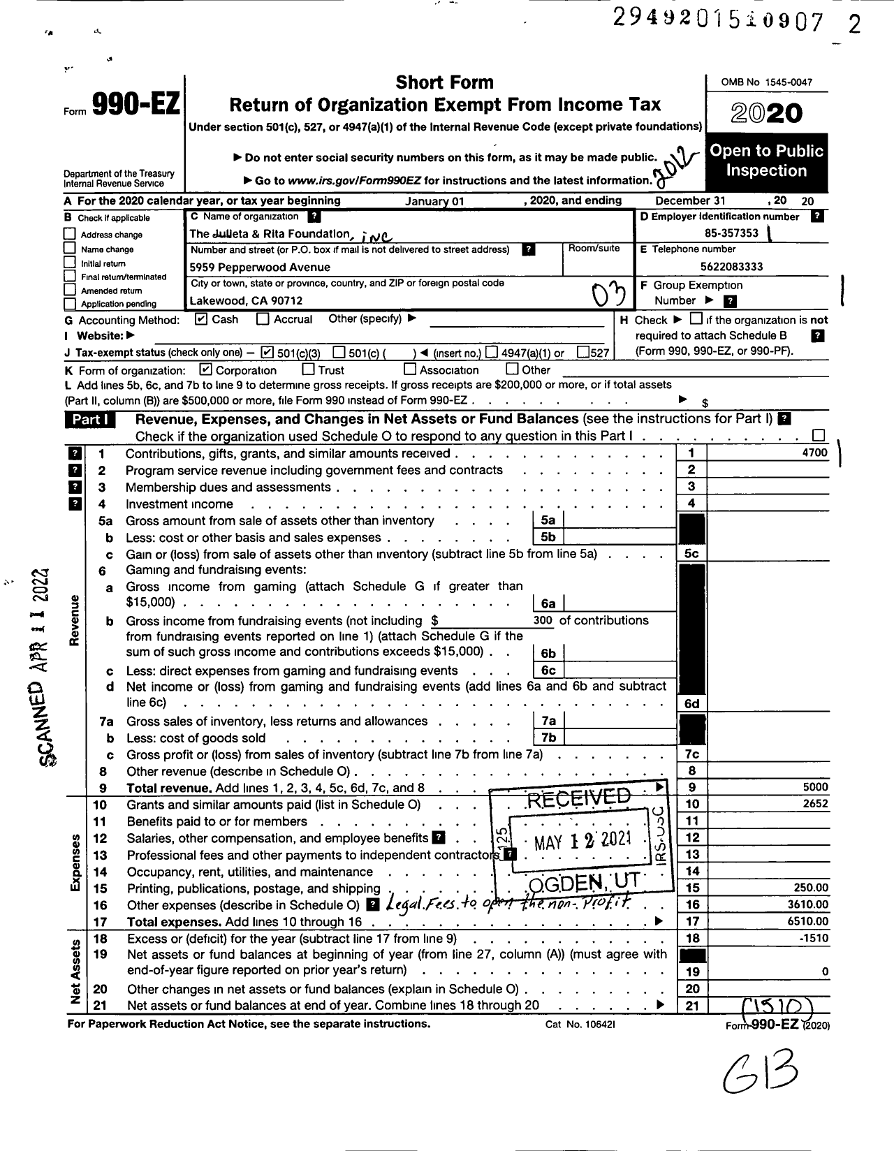 Image of first page of 2020 Form 990EZ for Julieta and Rita Foundation