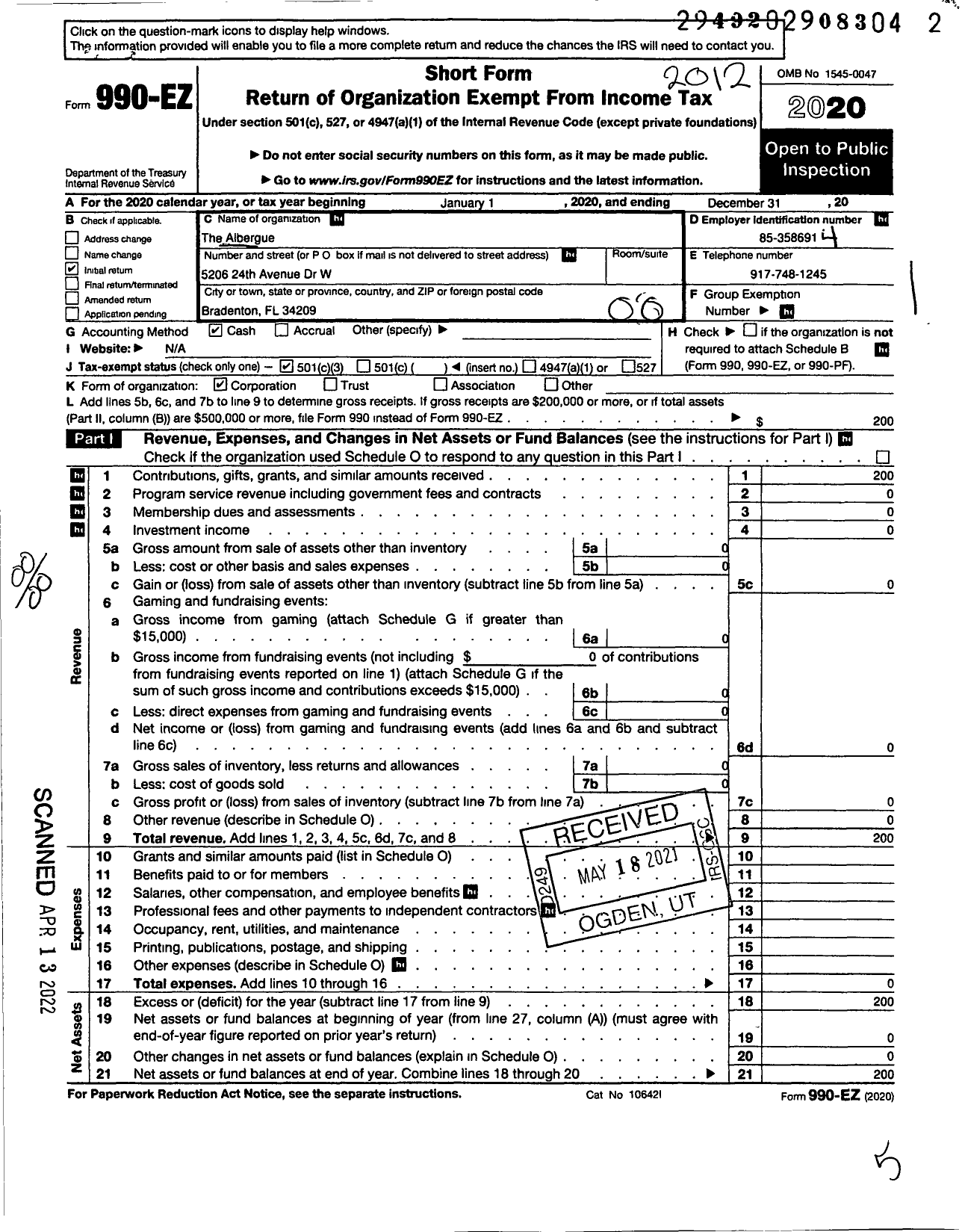 Image of first page of 2020 Form 990EO for The Albergue