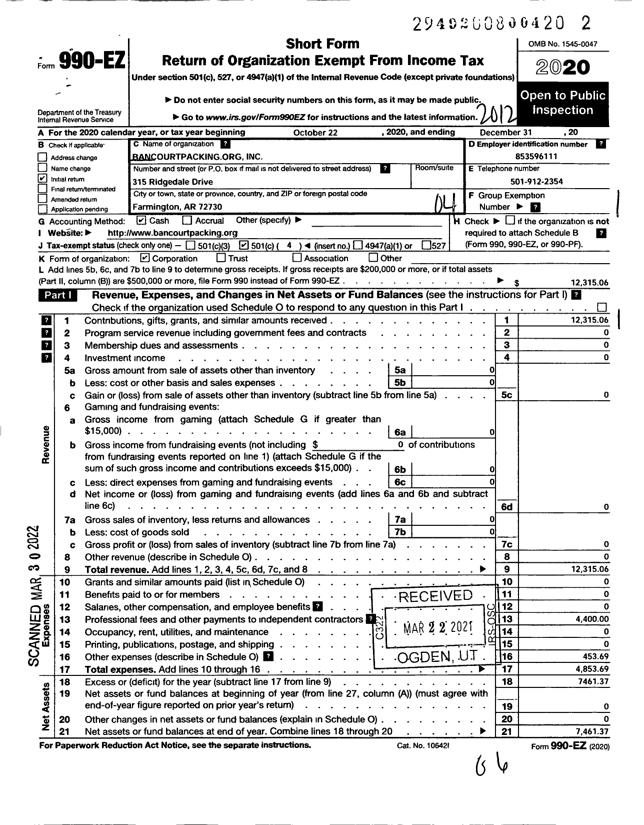 Image of first page of 2020 Form 990EO for BancourtpackingOrg