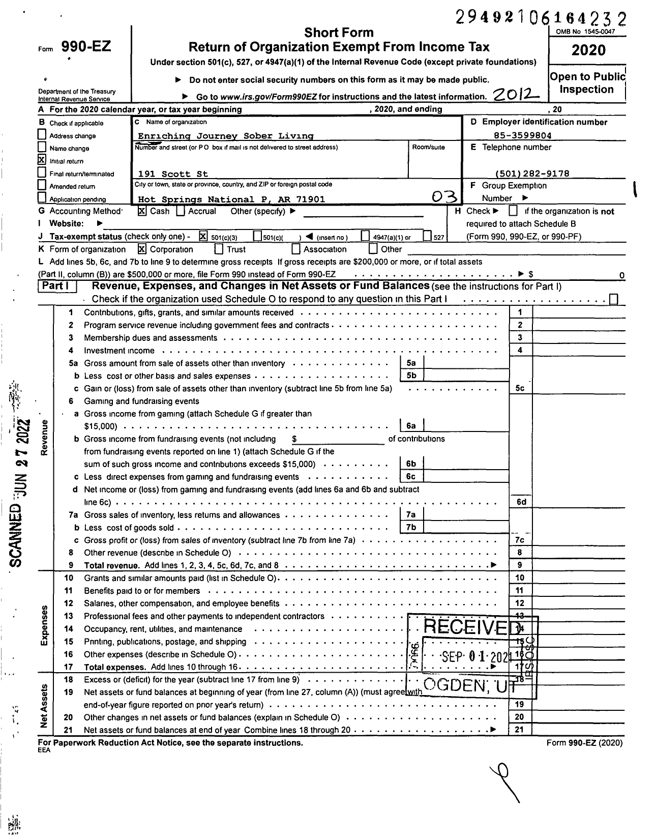 Image of first page of 2020 Form 990EZ for Enriching Journey Sober Living for Veterans and Sp